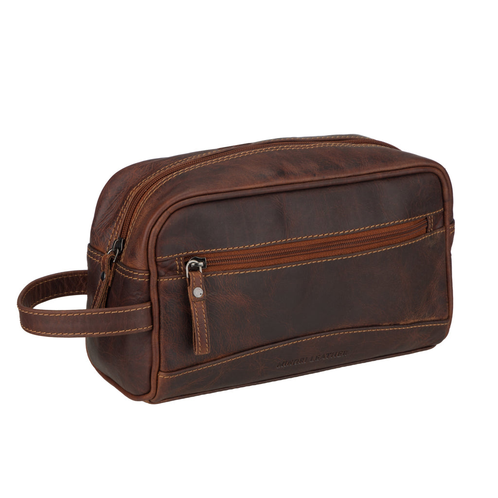 Minori Leather Montana chestnut leather toiletry bag for men with multiple compartments and durable stitching.
