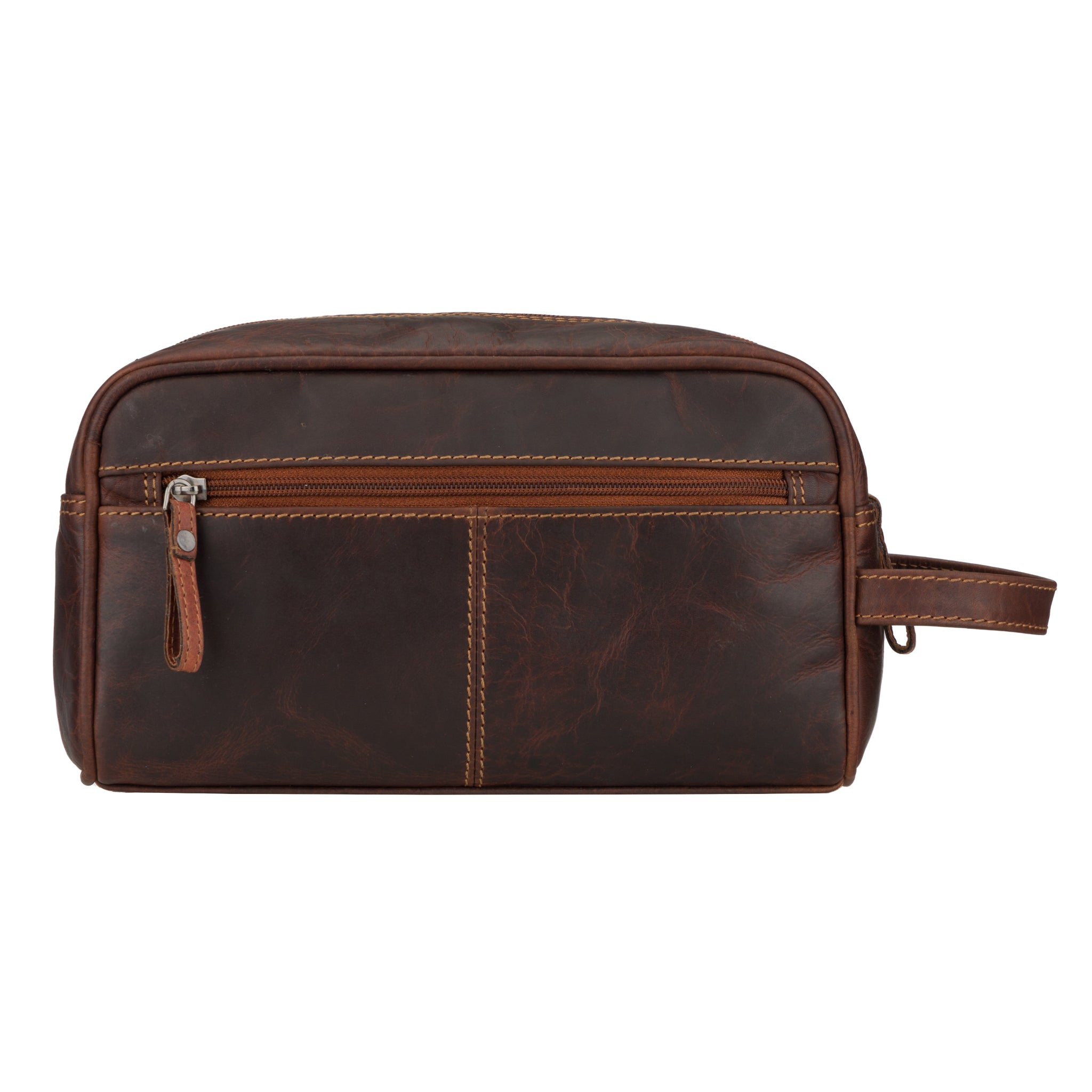 Minori Leather premium leather toiletry bag for men in chestnut color, featuring a compact, stylish design for travel essentials.