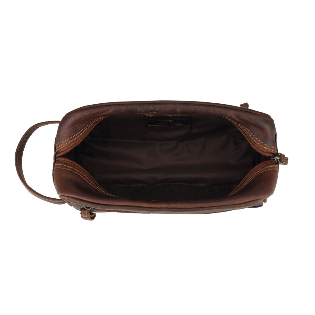 Minori Leather men's premium leather toiletry bag in chestnut color with multiple compartments and sturdy zipper.