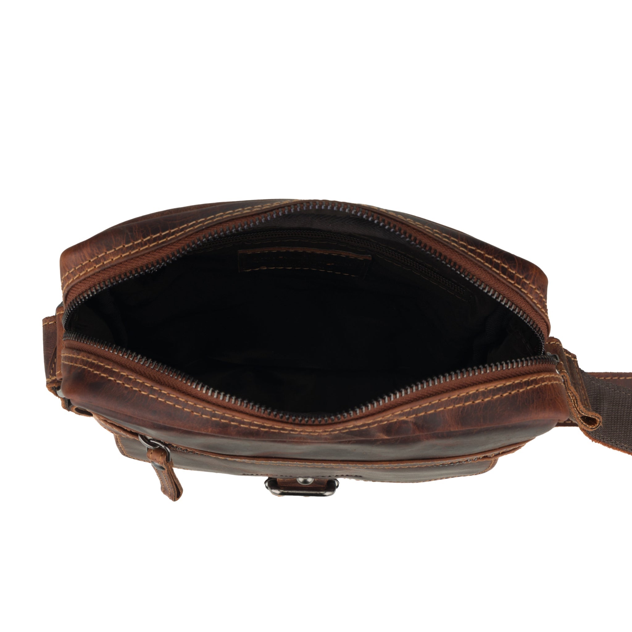 Minori Leather Denver unisex leather crossbody bag in chestnut with adjustable strap and minimalist design.