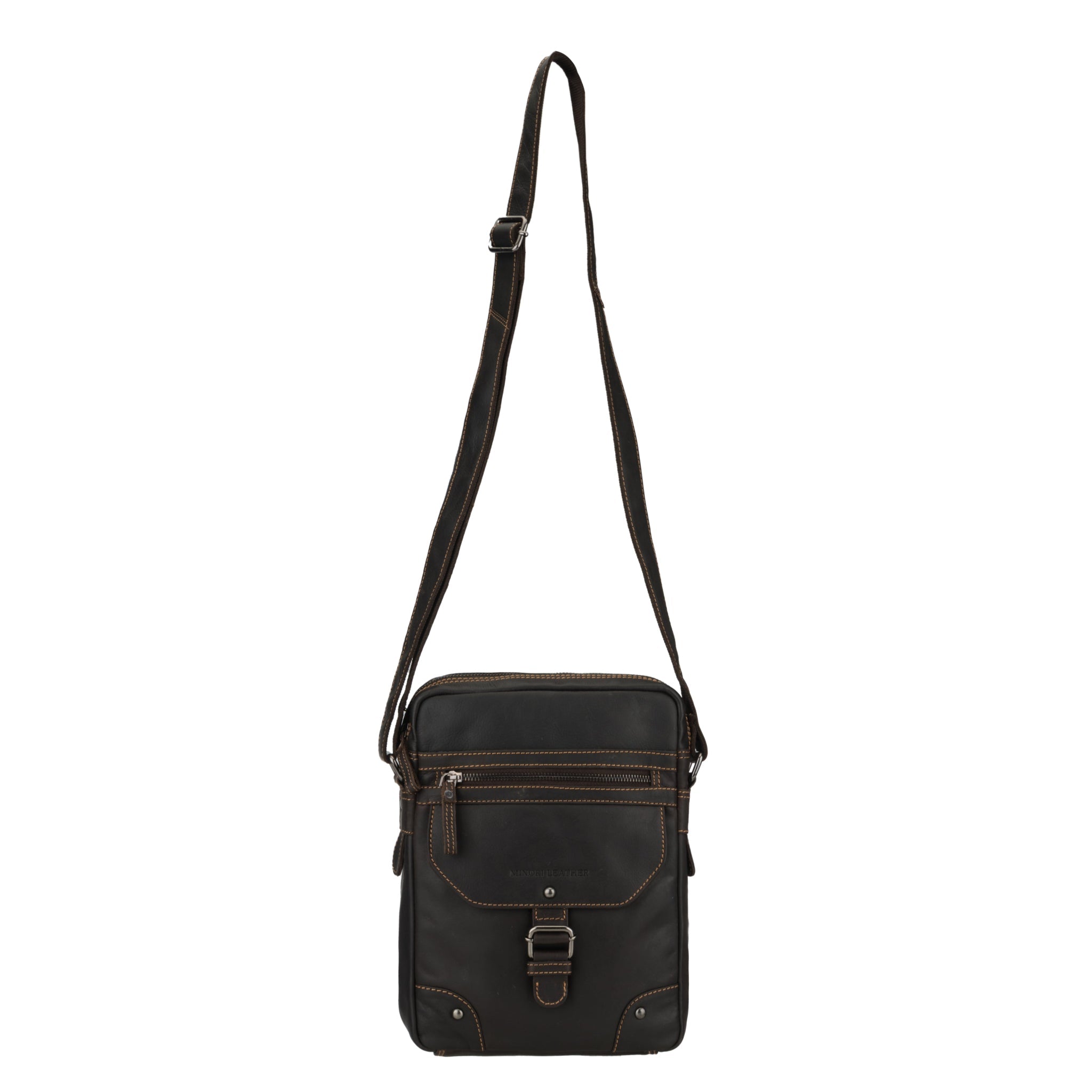 Brown Denver Leather crossbody bag by Minori Leather, unisex design with adjustable strap and durable leather construction.