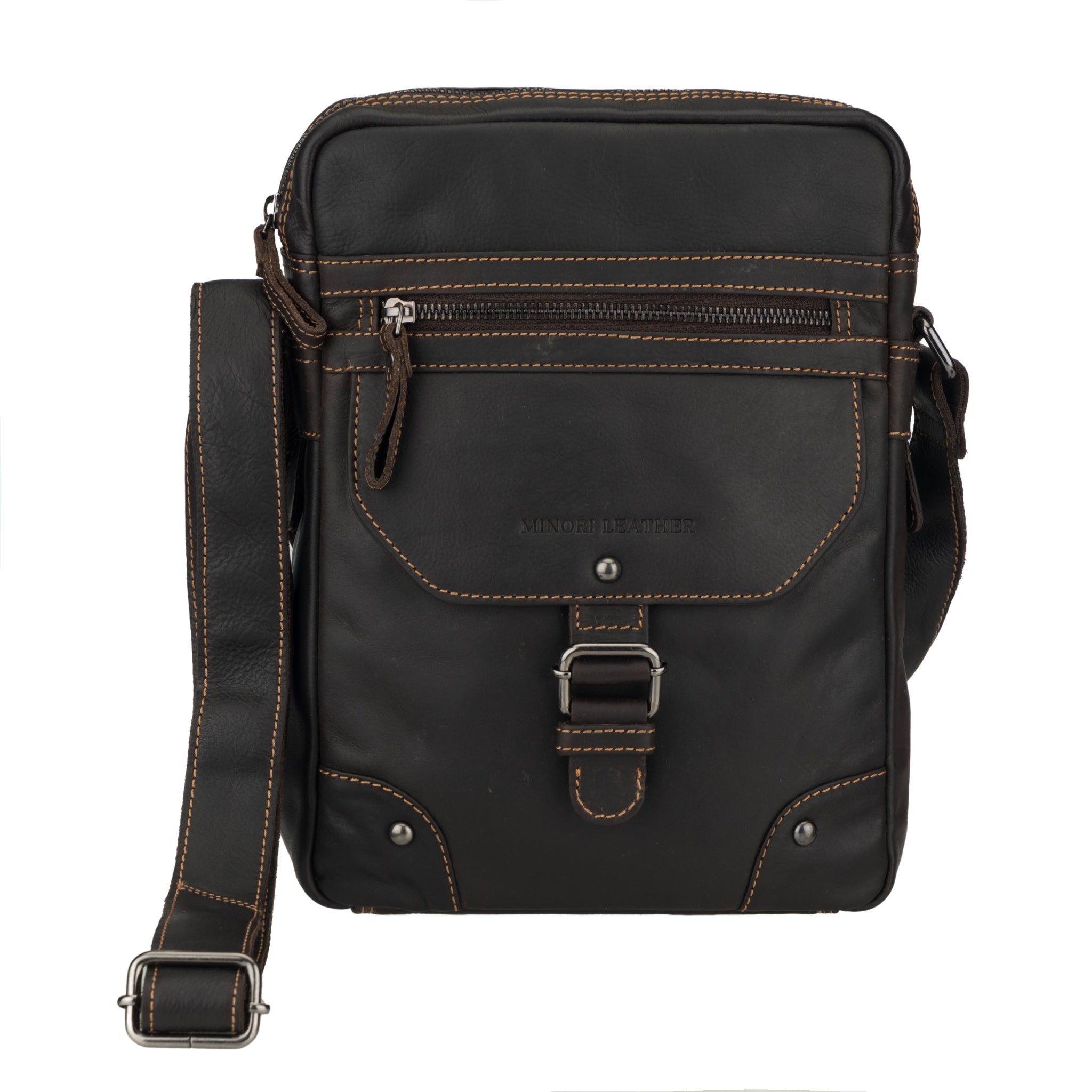 Brown Denver leather crossbody bag by Minori Leather, unisex style with adjustable strap and sleek design.
