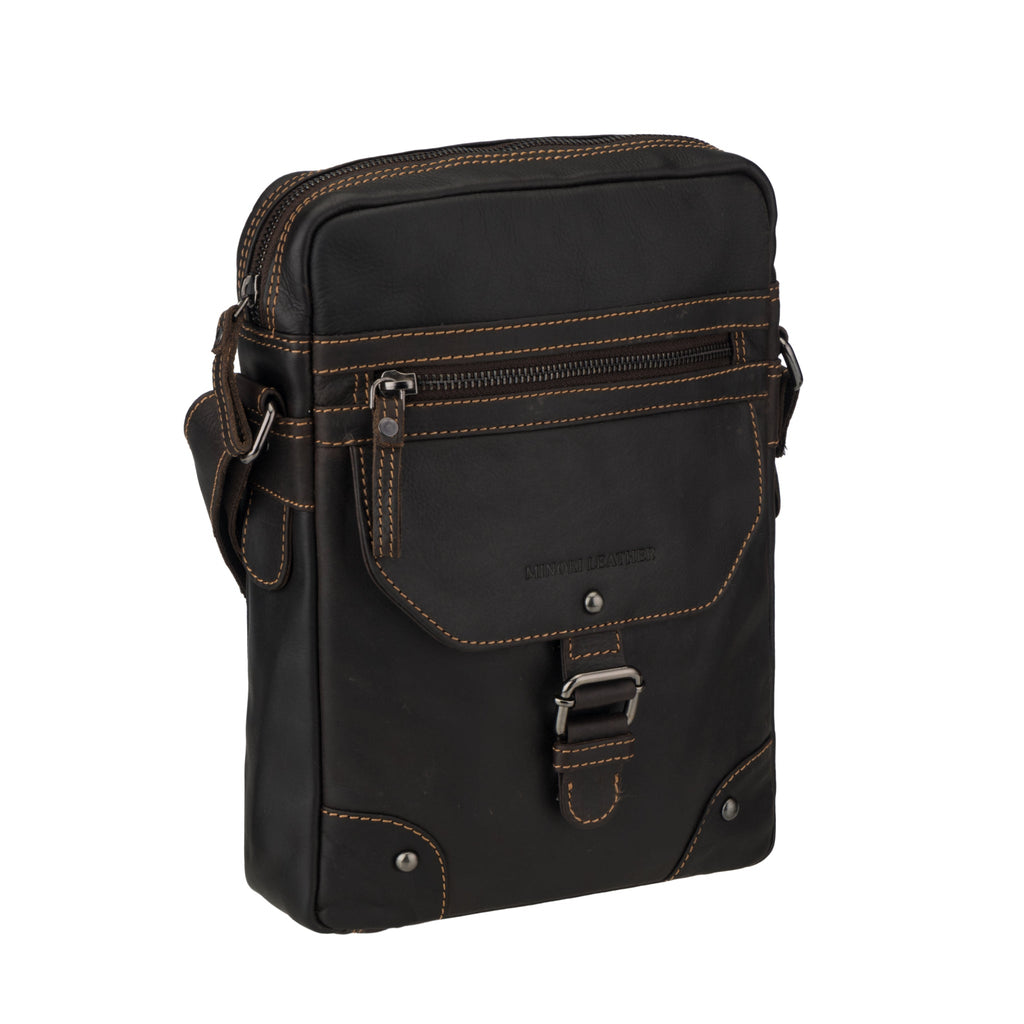 Minori Leather Denver leather crossbody bag in brown, unisex design with adjustable strap and sleek, stylish exterior.