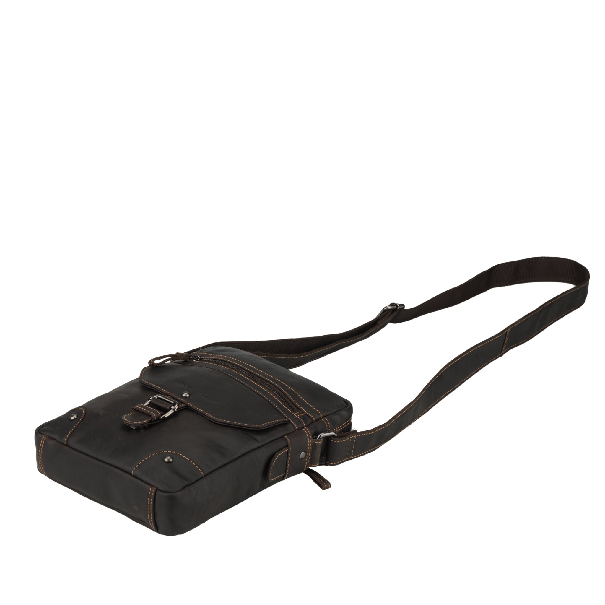 Brown Denver Leather Crossbody Bag by Minori Leather, unisex design with adjustable strap and sleek leather finish.
