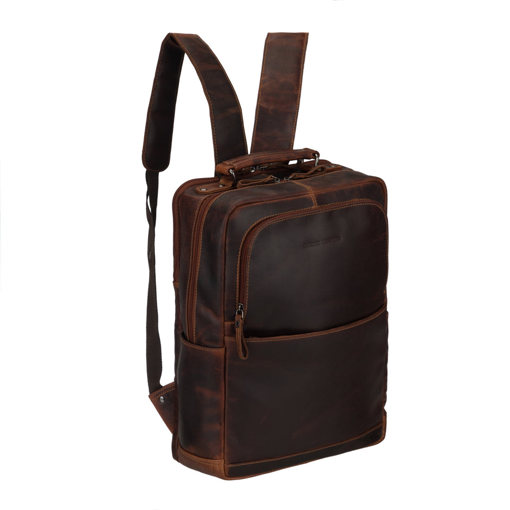 Minori Leather Orlando Leather Backpack 16-inch unisex chestnut backpack with adjustable straps and front pocket details.