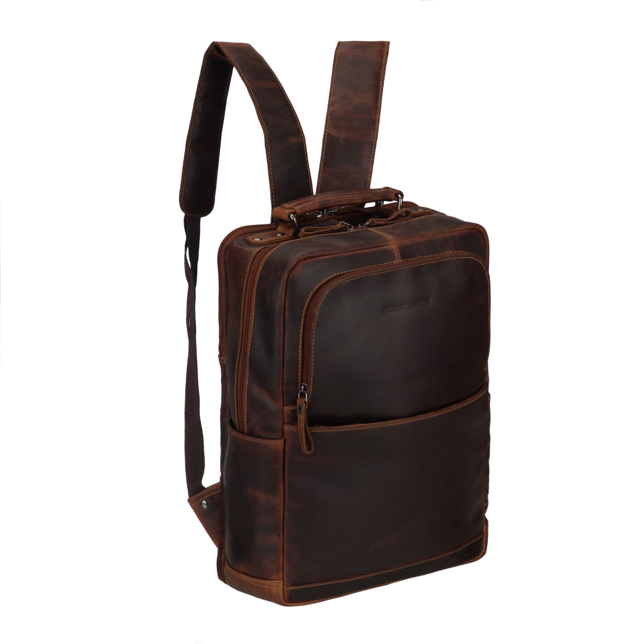 Minori Leather Orlando Leather Backpack 16-inch unisex chestnut backpack with adjustable straps and front pocket details.