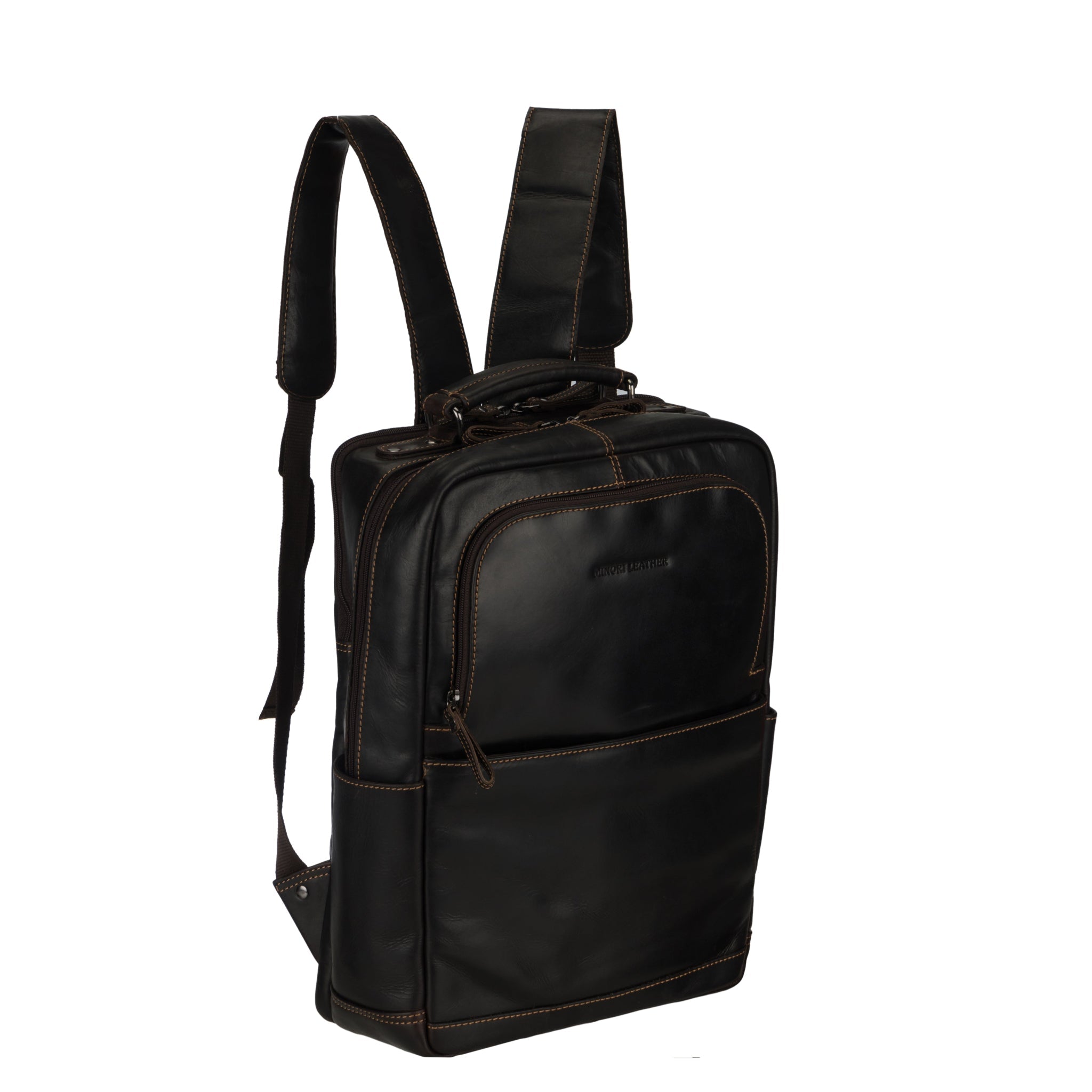 Brown Orlando Leather Backpack by Minori Leather, 16-inch unisex leather backpack with sturdy straps and spacious interior.