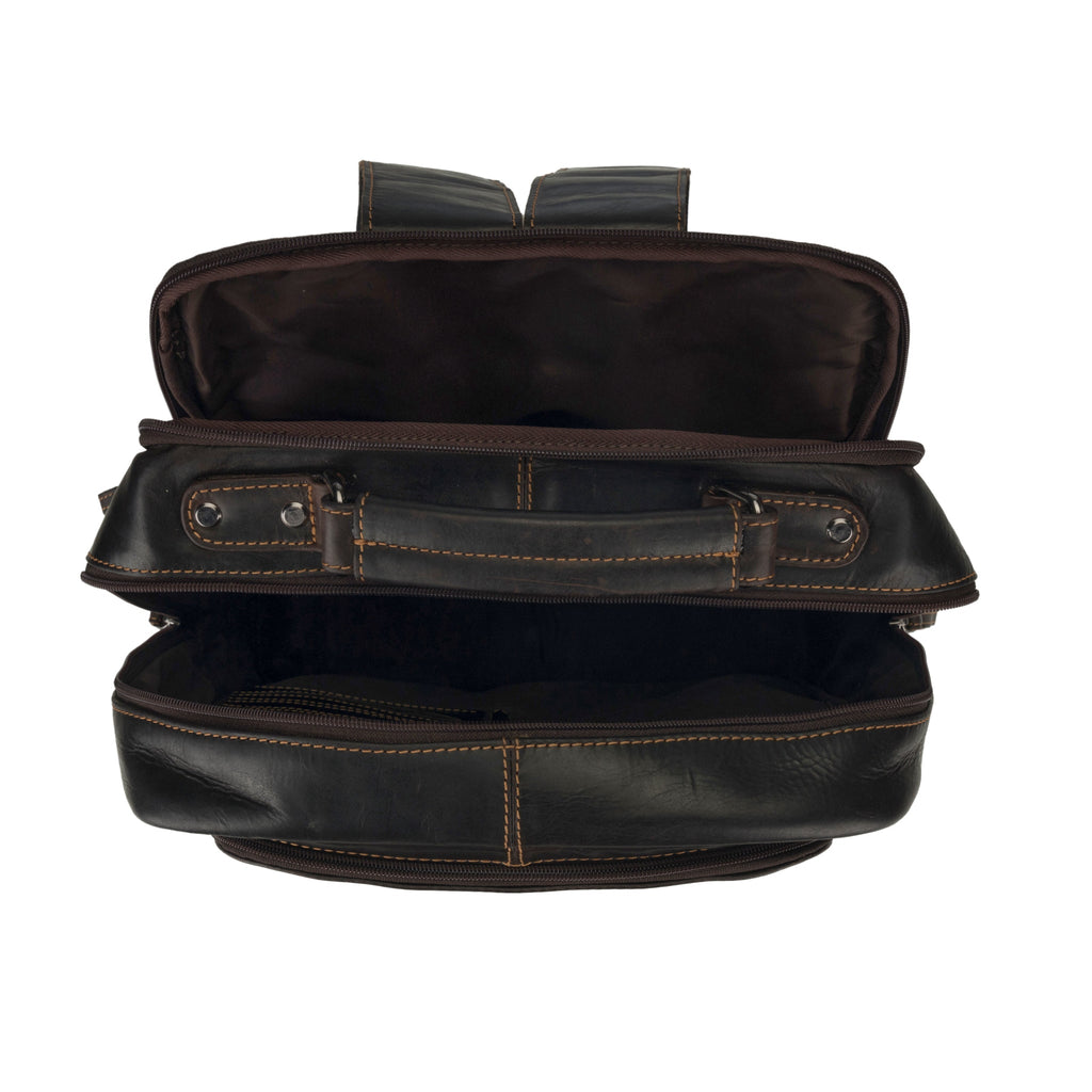 Brown Orlando Leather Backpack 16-inch unisex bag by Minori Leather, featuring sturdy leather construction and spacious design.