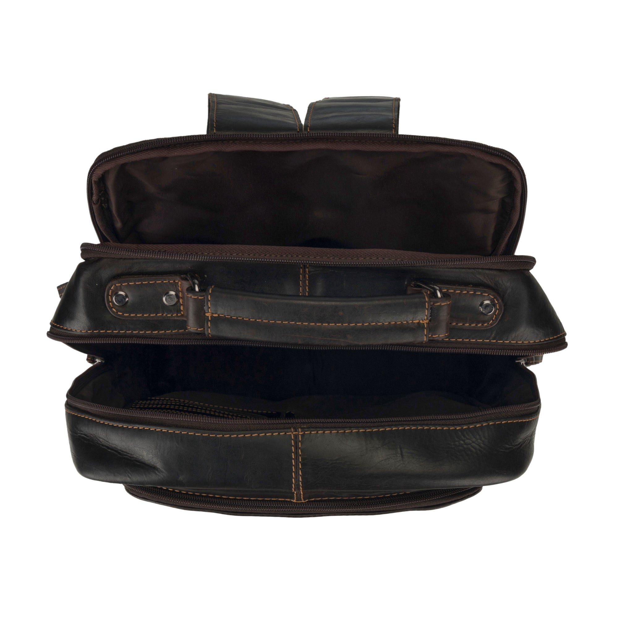 Brown Orlando Leather Backpack 16-inch unisex bag by Minori Leather, featuring sturdy leather construction and spacious design.