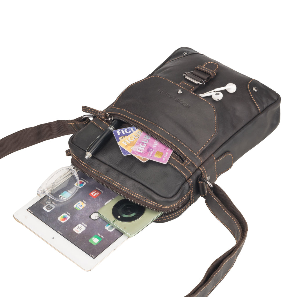 Brown Denver leather crossbody bag by Minori Leather, unisex design with adjustable strap and spacious interior.