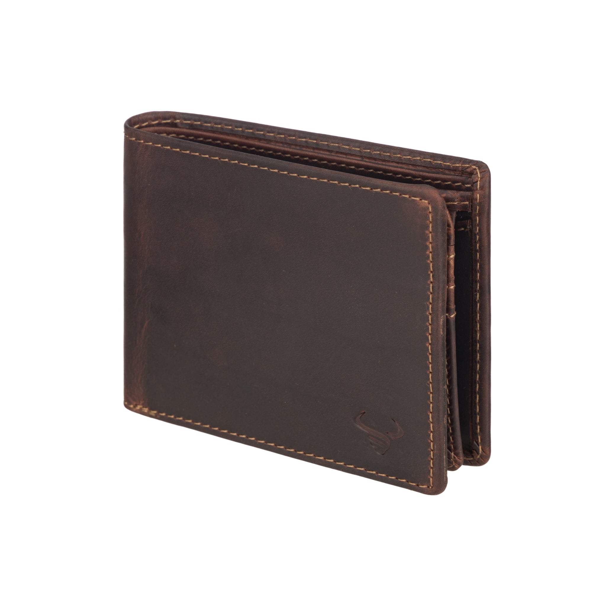 Minori Leather Charlie men's leather wallet in chestnut with multiple card slots and bill compartments.