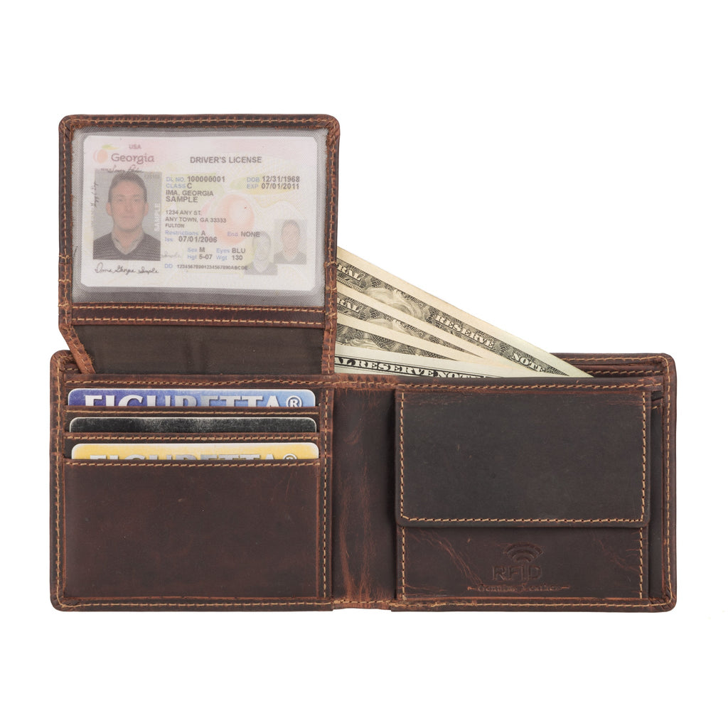 Minori Leather Charlie men's wallet in chestnut leather, featuring multiple card slots and a sleek, classic design.