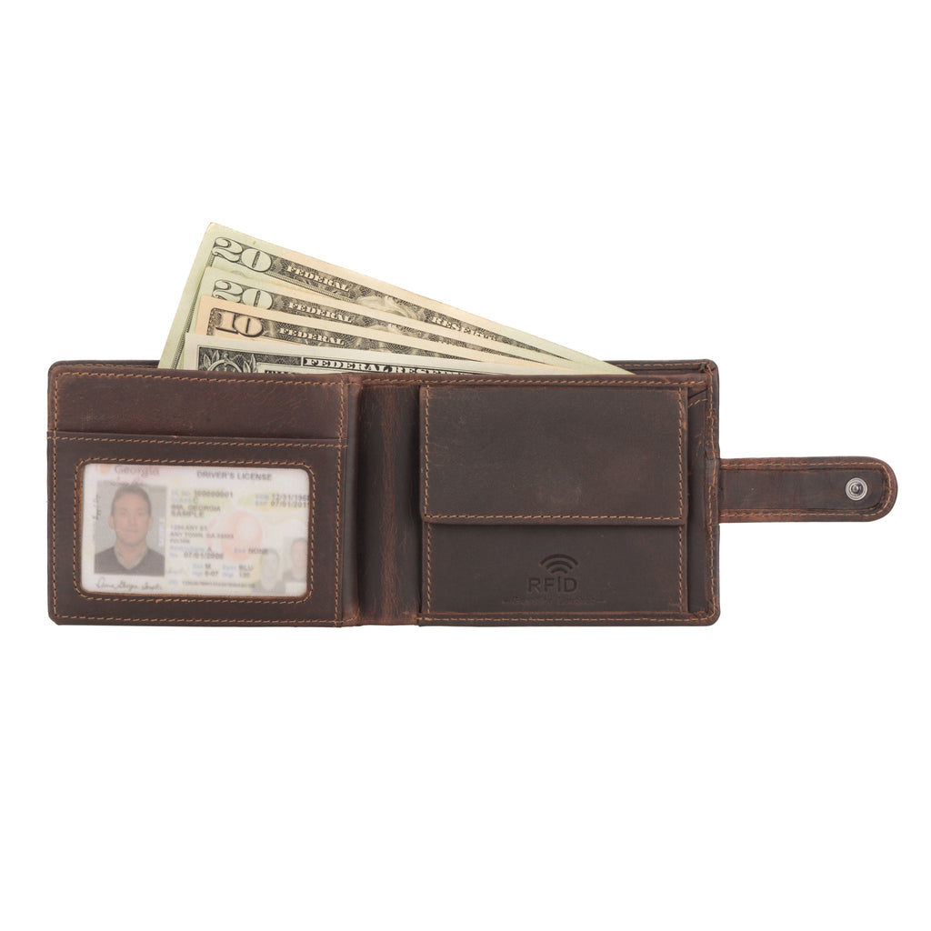 Minori Leather Phoenix leather clip wallet for men in chestnut, showcasing compact design and secure card clips.