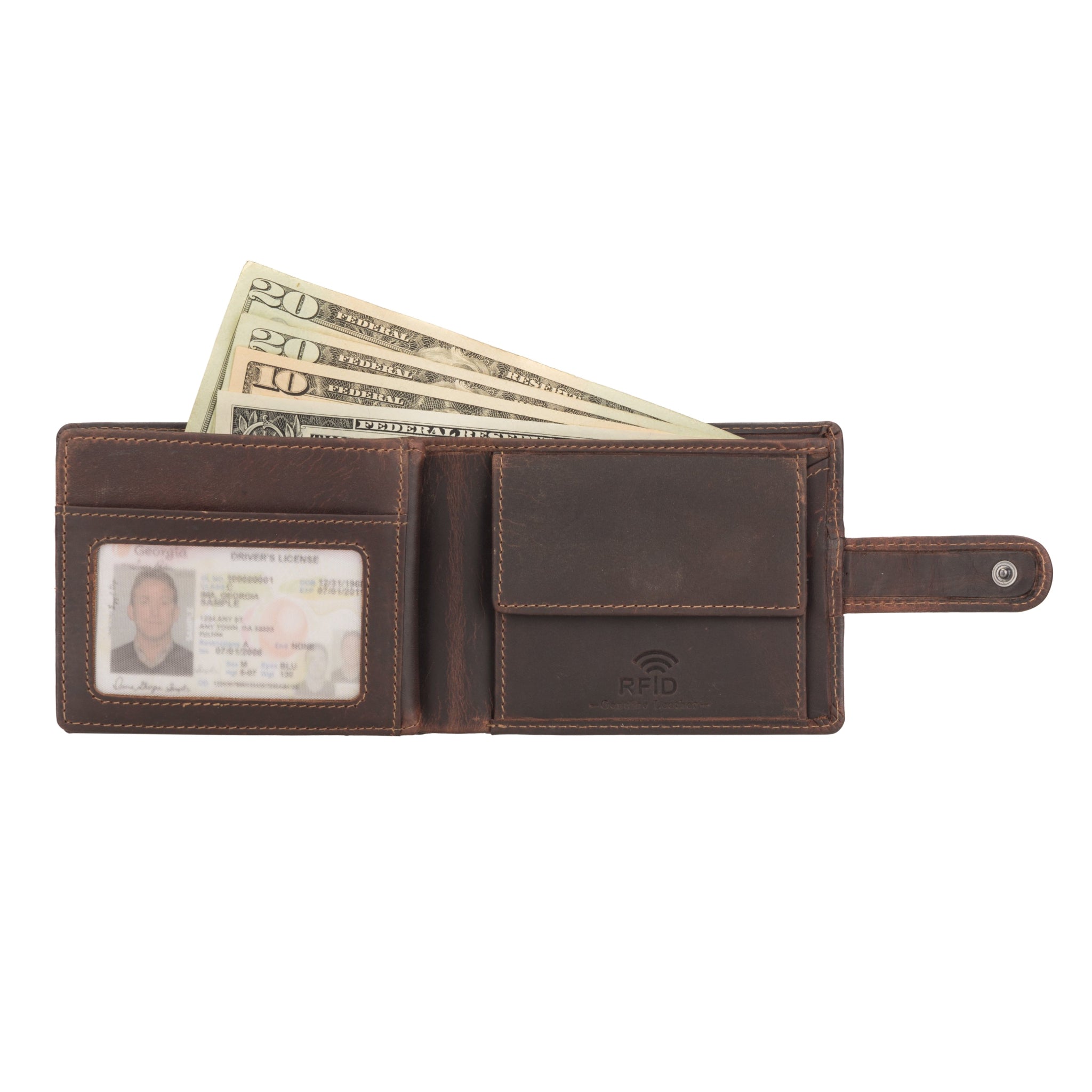 Minori Leather Phoenix leather clip wallet for men in chestnut, showcasing compact design and secure card clips.