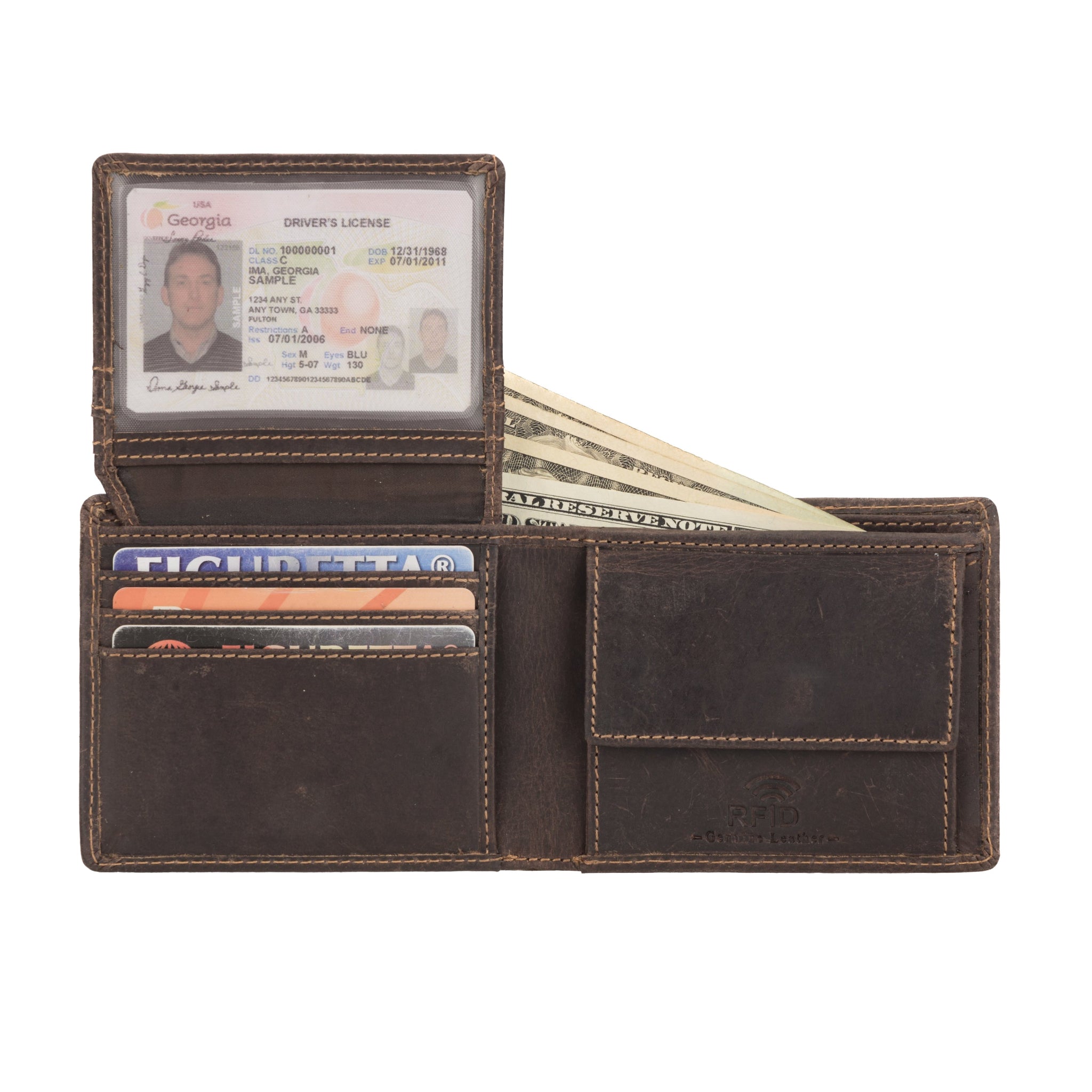 Brown Charlie leather wallet for men by Minori Leather, featuring multiple card slots and a sleek design.