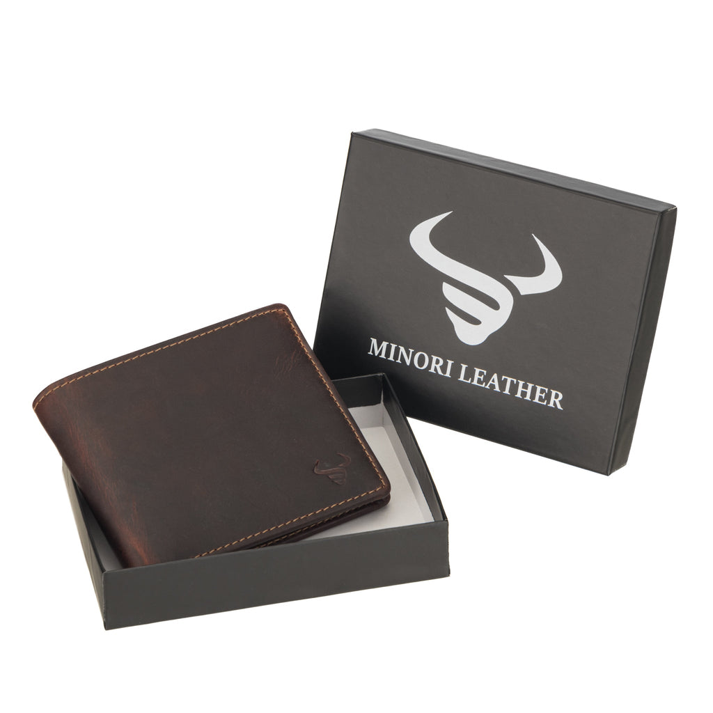 Minori Leather Charlie men's leather wallet in chestnut color, featuring multiple card slots and a sleek design.