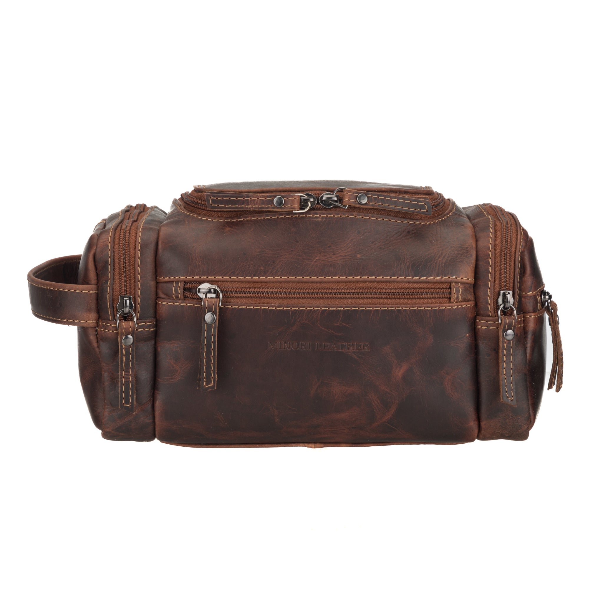 Minori Leather Winston men's premium chestnut leather toiletry bag with zipper and handle for travel storage.