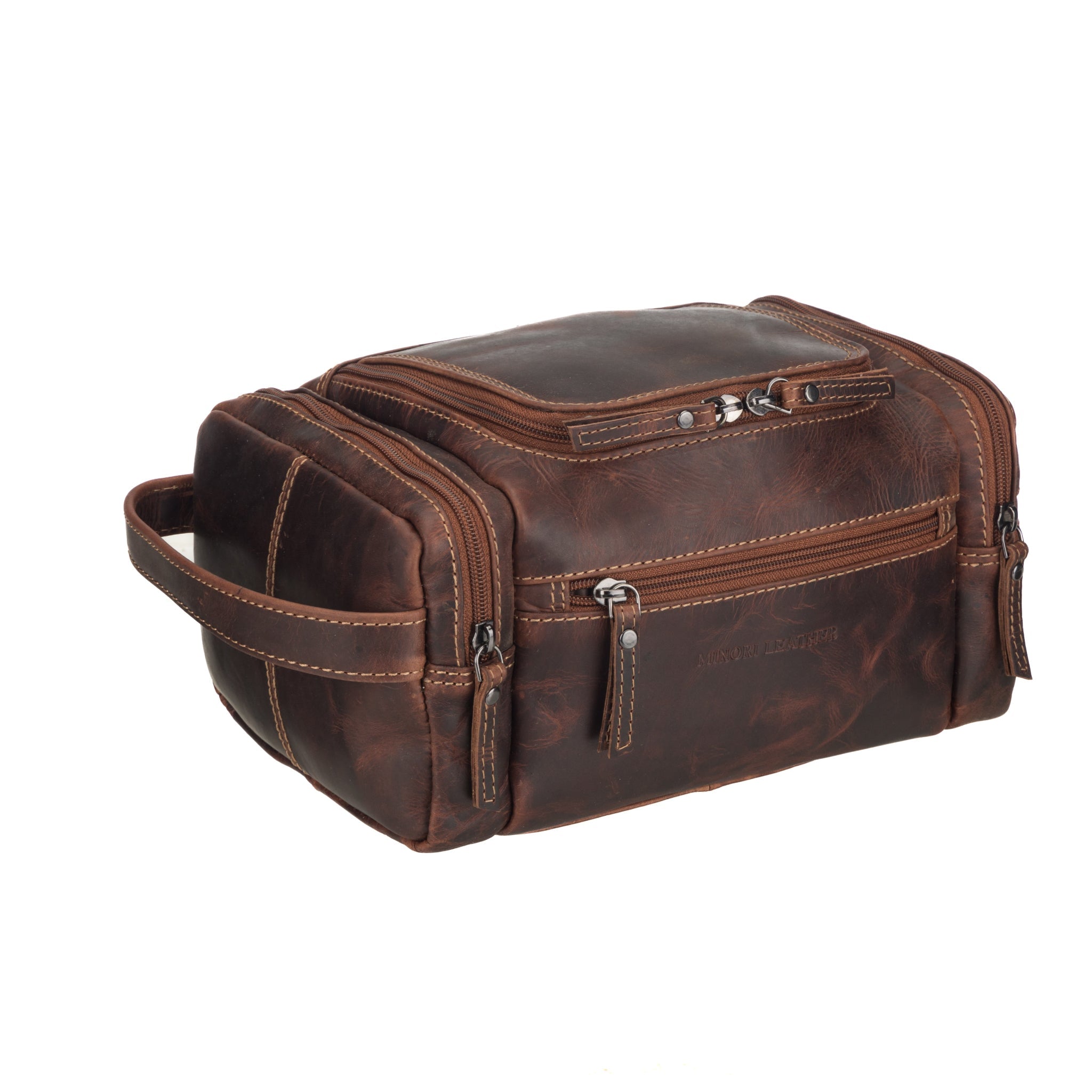 Minori Leather Winston men's leather toiletry bag in chestnut color with durable zipper and organized interior for travel.