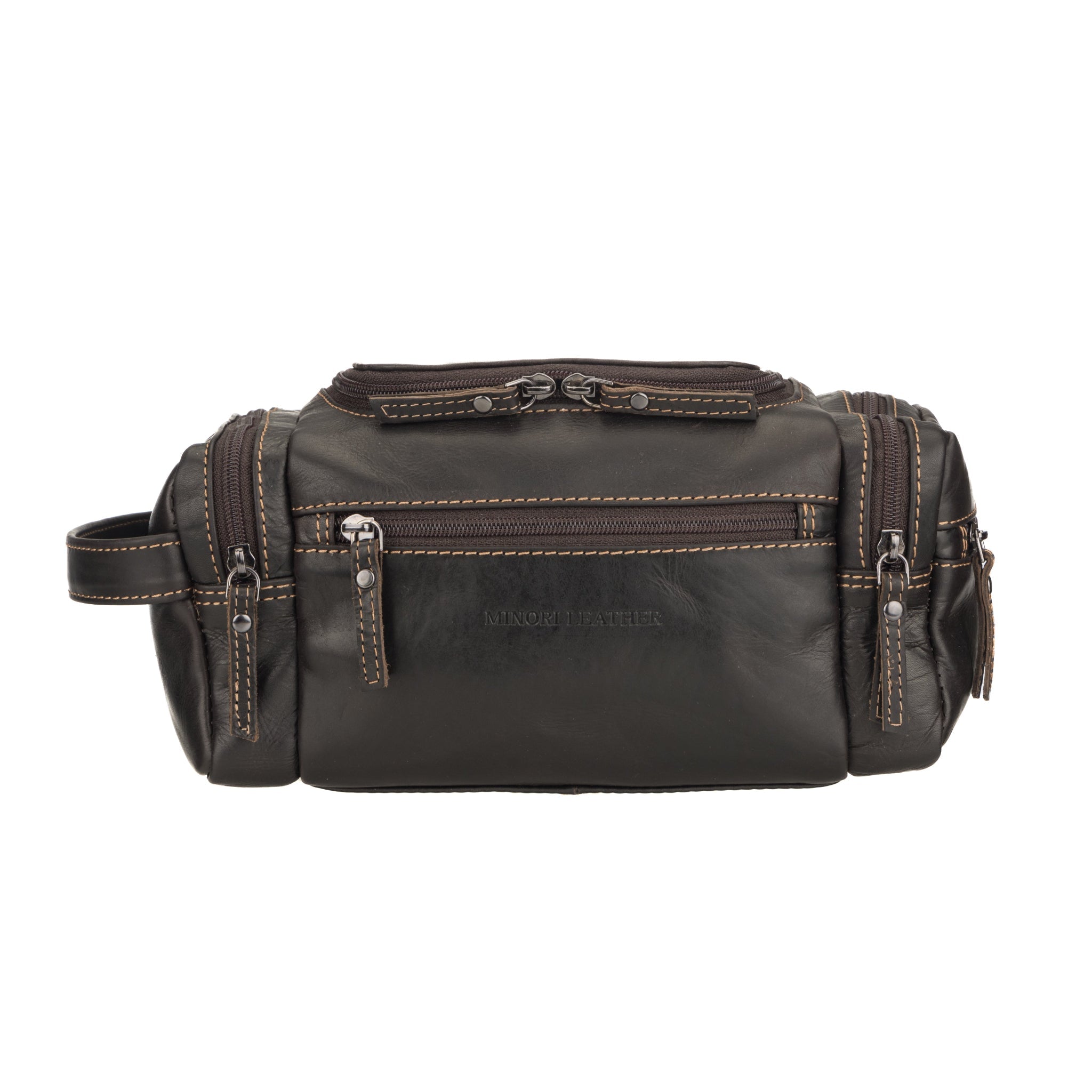 Minori Leather Winston brown leather toiletry bag for men with multiple compartments and sturdy handle.