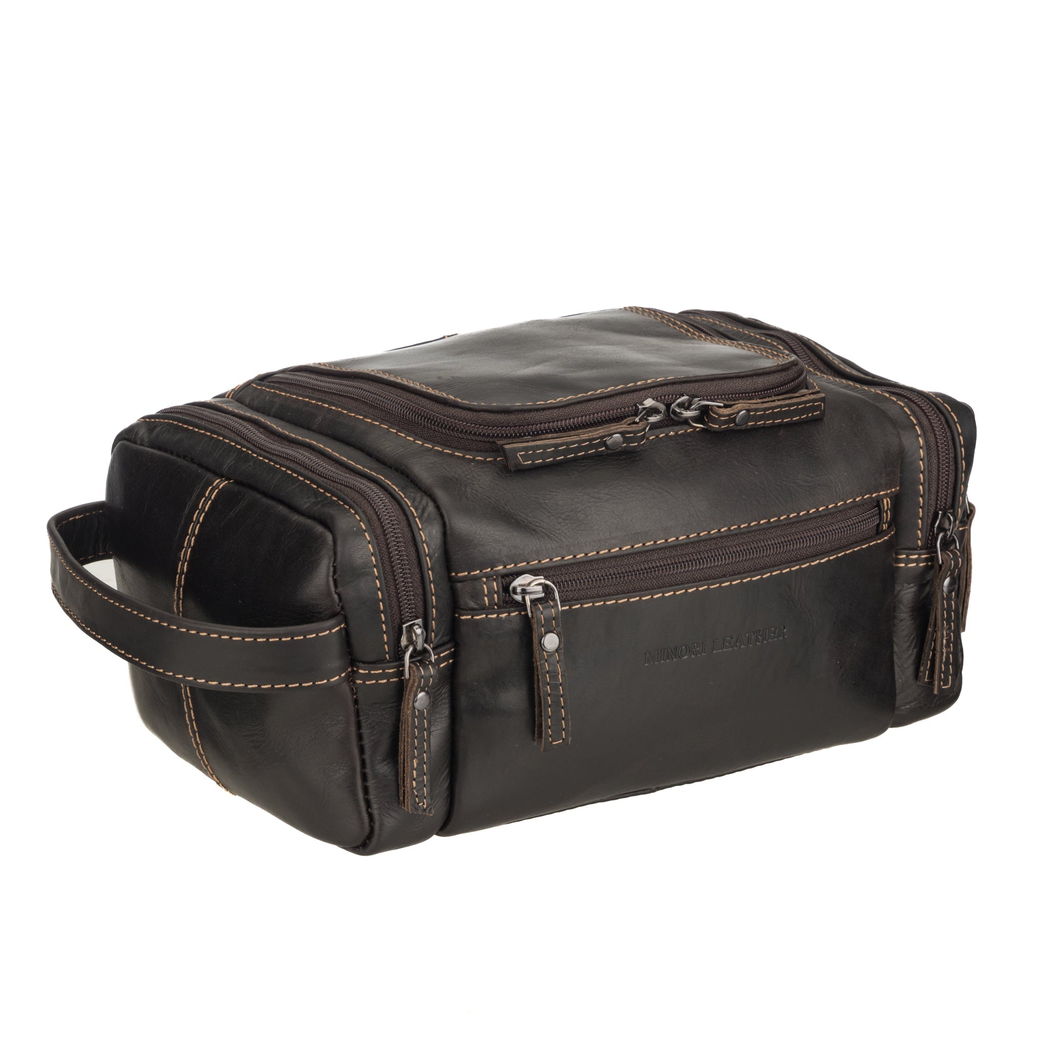 Brown premium leather toiletry bag for men by Minori Leather, featuring a sleek design and ample storage space for travel essentials.