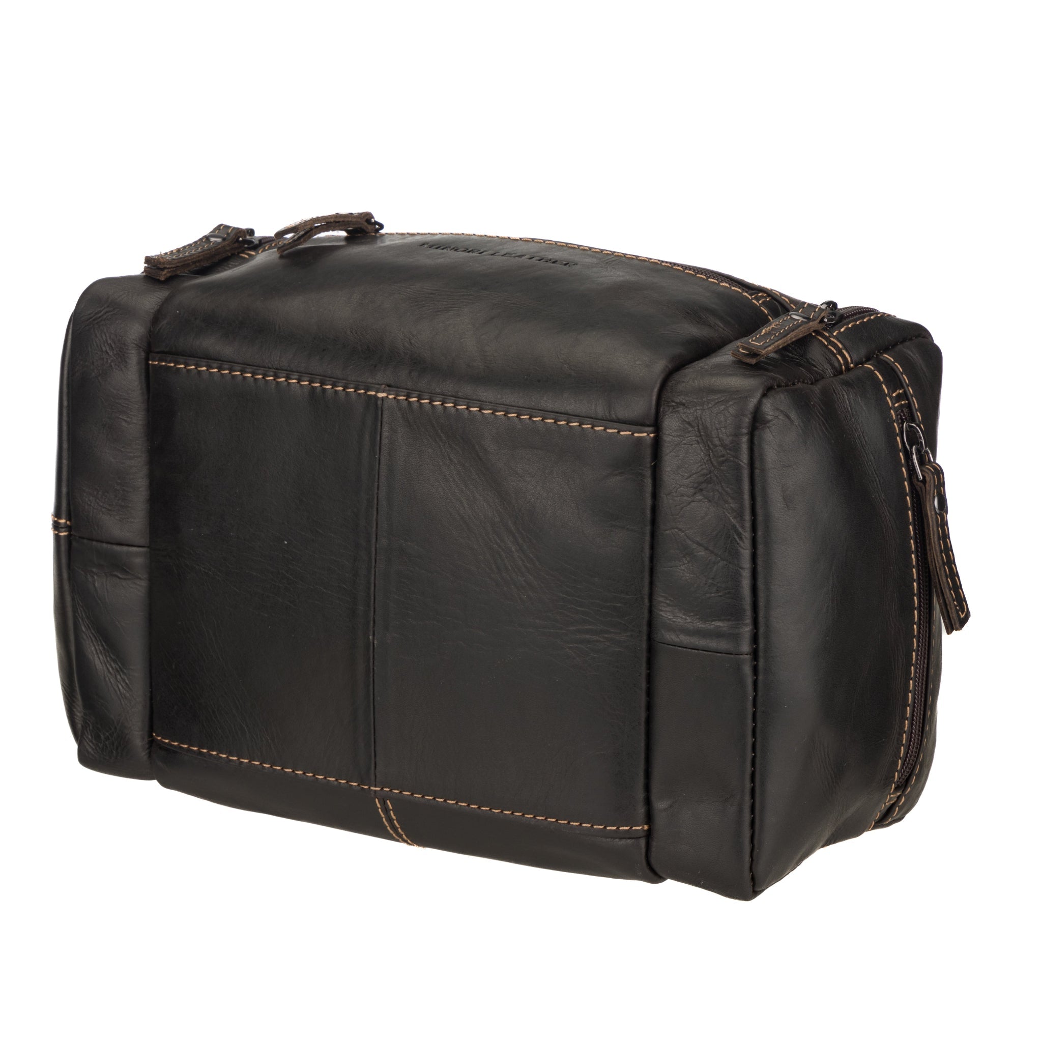 Brown premium leather toiletry bag for men by Minori Leather, featuring a stylish and functional design.