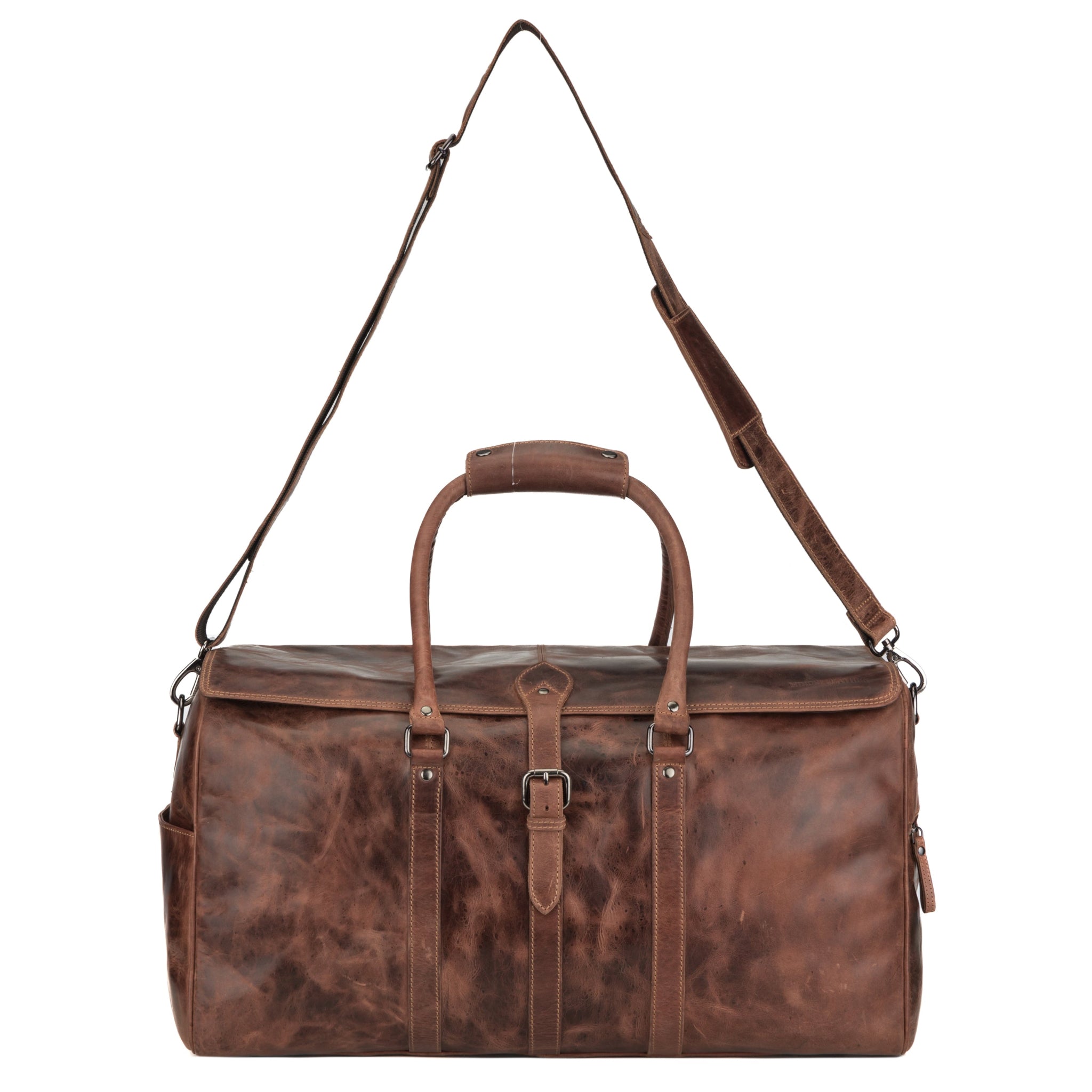 Minori Leather Miami Leather Weekender Duffle Bag in chestnut, unisex design with sturdy leather handles and spacious interior.