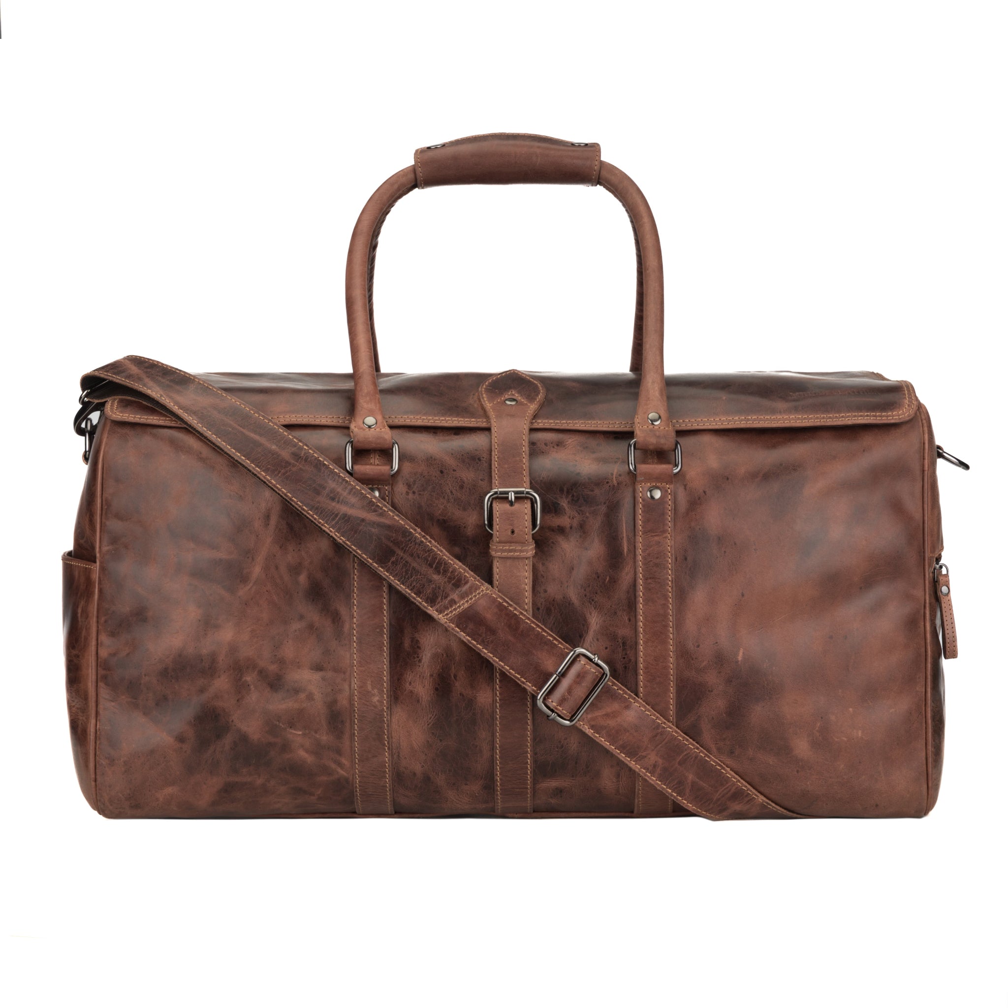 Unisex Miami Leather Weekender Duffle Bag in chestnut by Minori Leather, featuring durable leather and spacious interior for travel.
