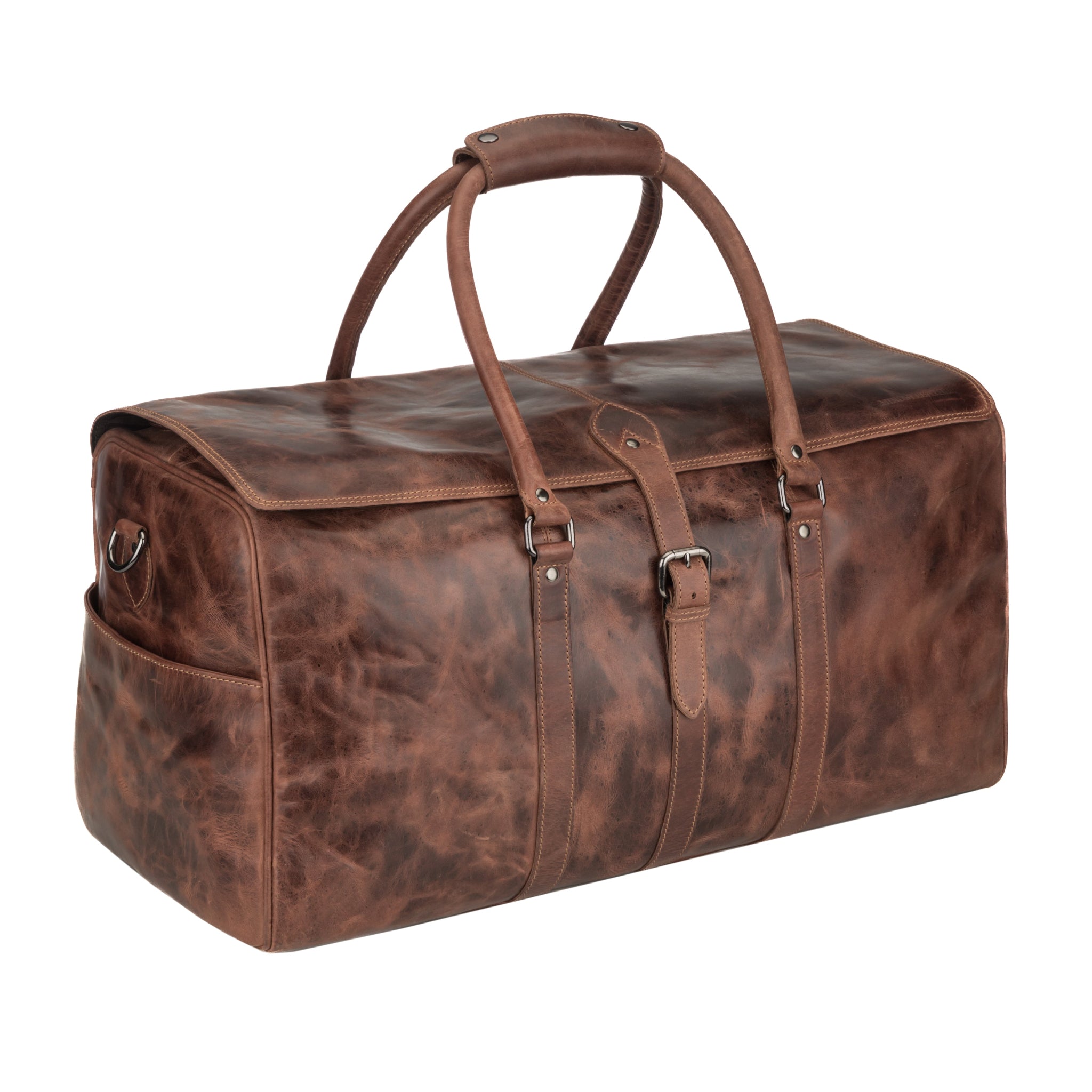 Minori Leather Miami Leather Weekender Bag in chestnut, unisex duffle bag with sturdy leather construction and spacious interior.