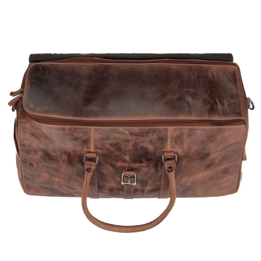 Minori Leather Miami Leather Weekender Duffle Bag in chestnut, unisex design with sturdy handles and spacious interior.