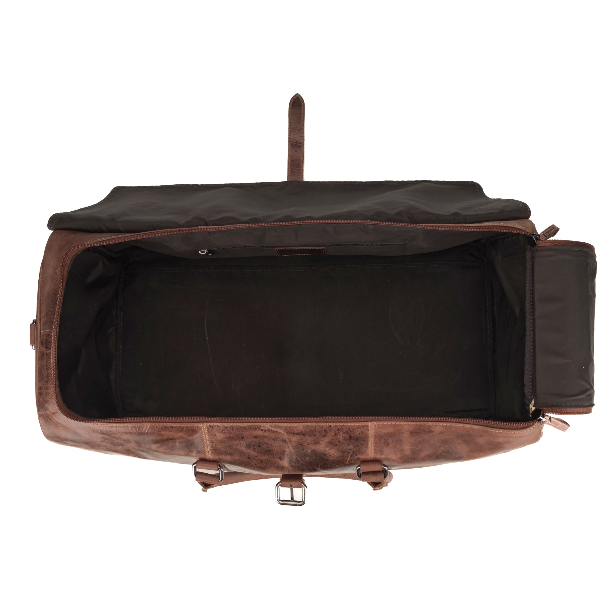 Minori Leather Miami Leather Weekender Bag in chestnut leather, unisex duffle bag with sturdy handles and spacious design.