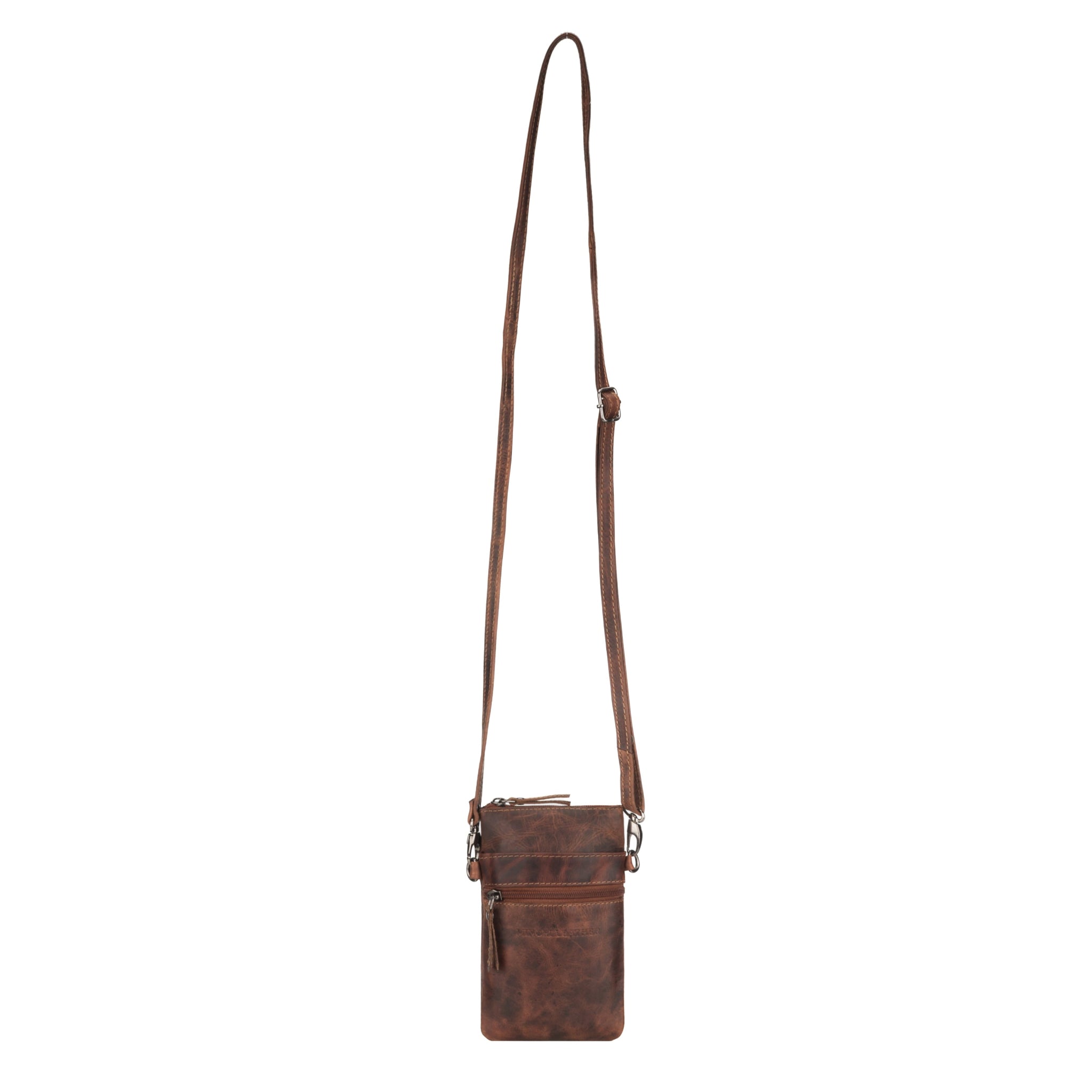 Minori Leather Ashford unisex leather sling bag in chestnut with adjustable strap and compact design for daily use.