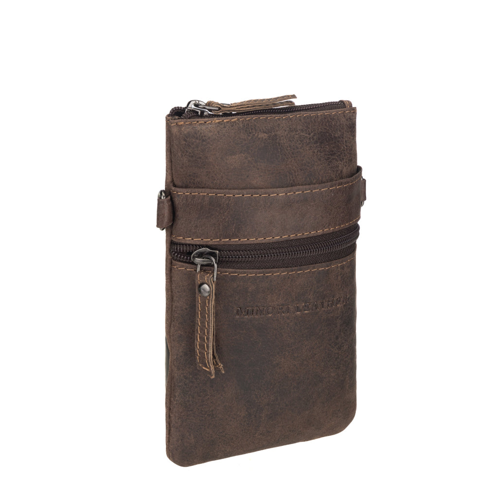 Brown Ashford Leather Sling Bag by Minori Leather, unisex design with adjustable strap and sleek leather finish.