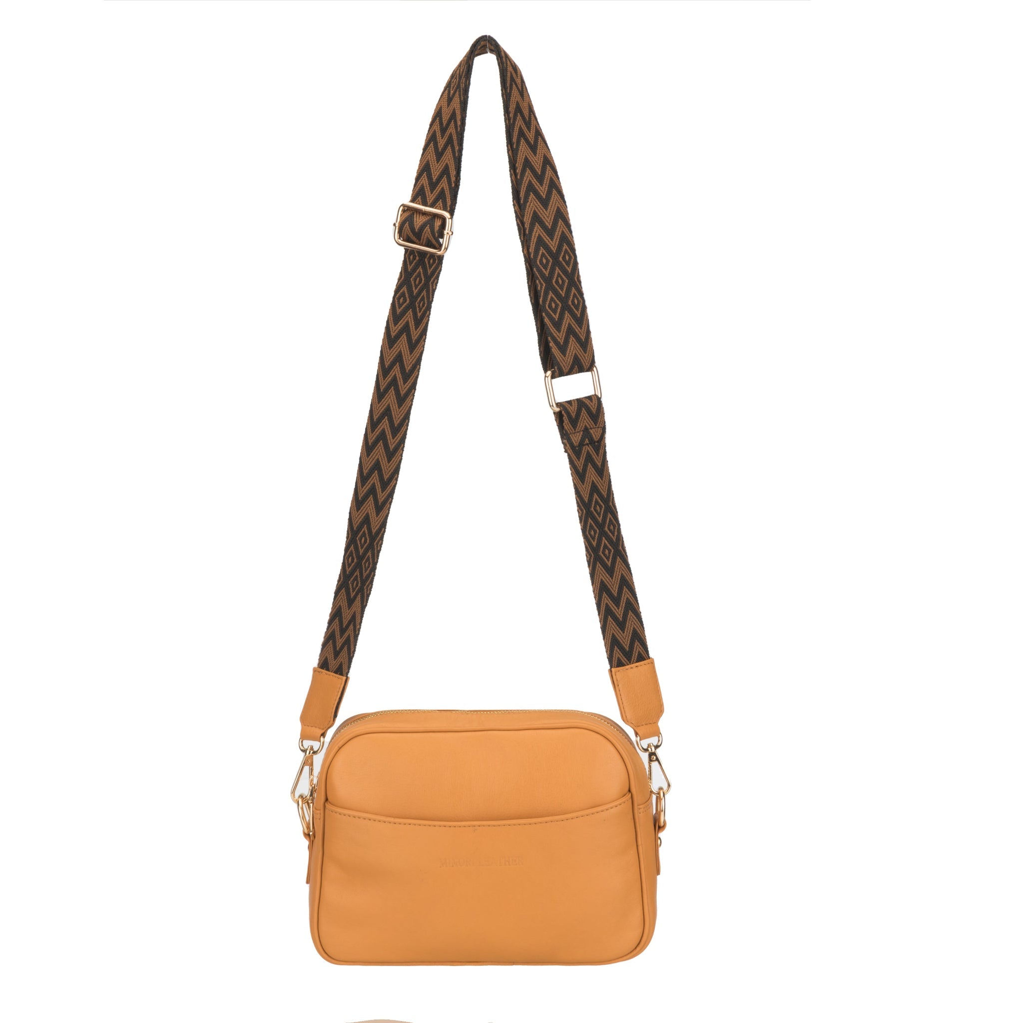 Tan Evelyn leather crossbody bag for women by Minori Leather, featuring a sleek design with adjustable strap and minimalist style.