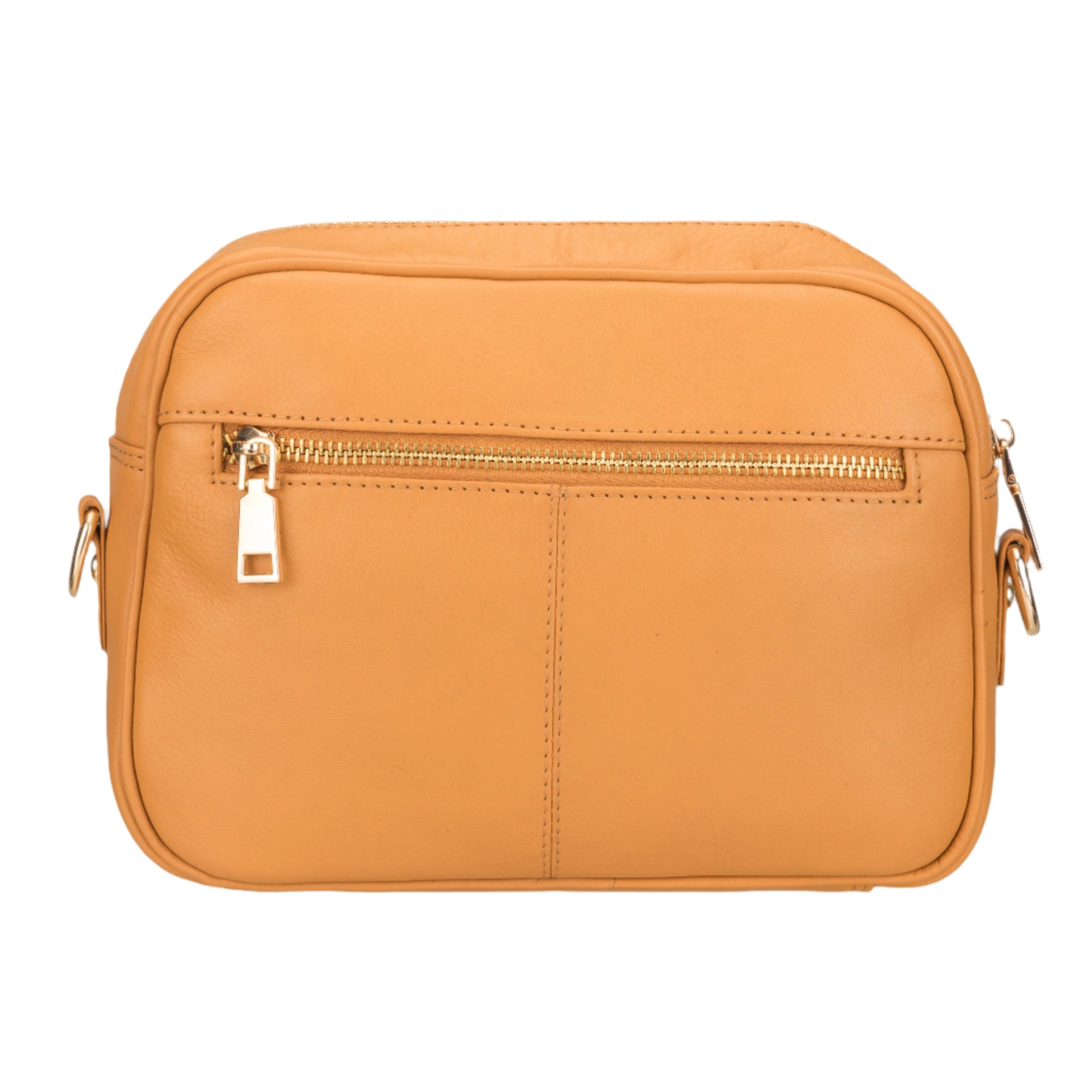 Tan Evelyn leather crossbody bag for women by Minori Leather, showing the stylish compact design with adjustable strap.