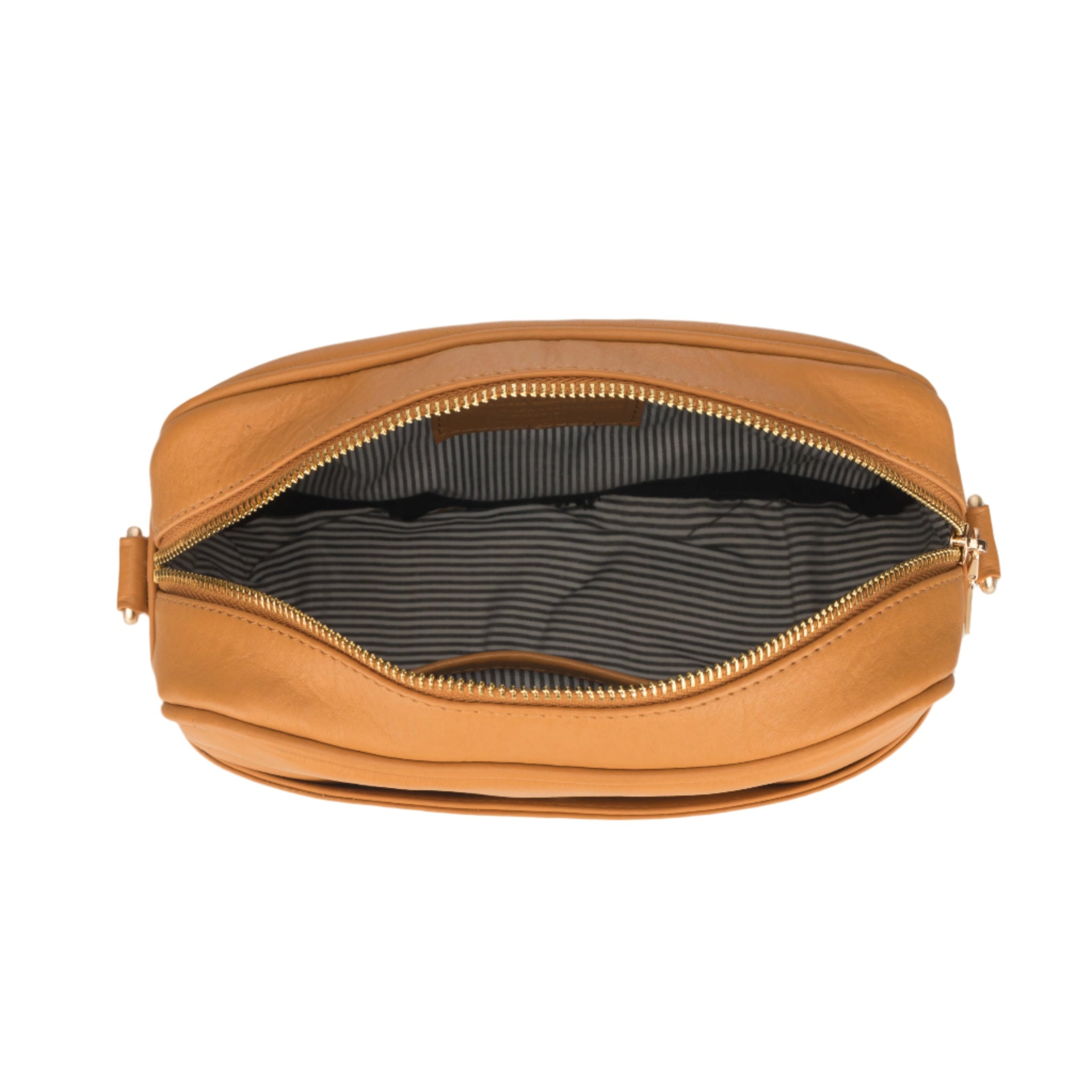 Tan Evelyn Leather Crossbody Bag for women by Minori Leather, showcasing a sleek, stylish leather bag with adjustable strap.
