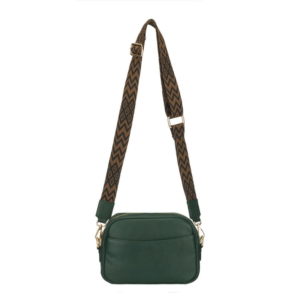 Forest green Evelyn leather crossbody bag by Minori Leather, featuring a compact design and adjustable strap.