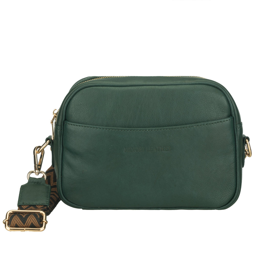 Forest green Evelyn leather crossbody bag for women by Minori Leather, showcasing sleek design and adjustable strap.