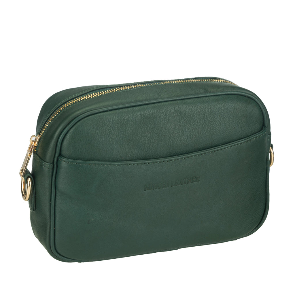 Forest green Evelyn leather crossbody bag by Minori Leather showing its sleek design and adjustable strap.