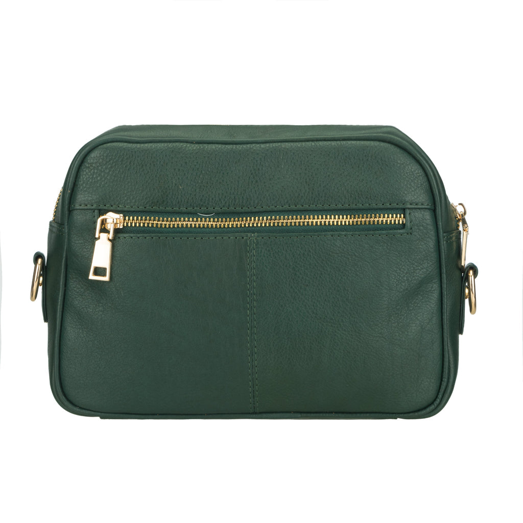 Forest green Evelyn leather crossbody bag for women by Minori Leather, featuring a compact design and adjustable strap.