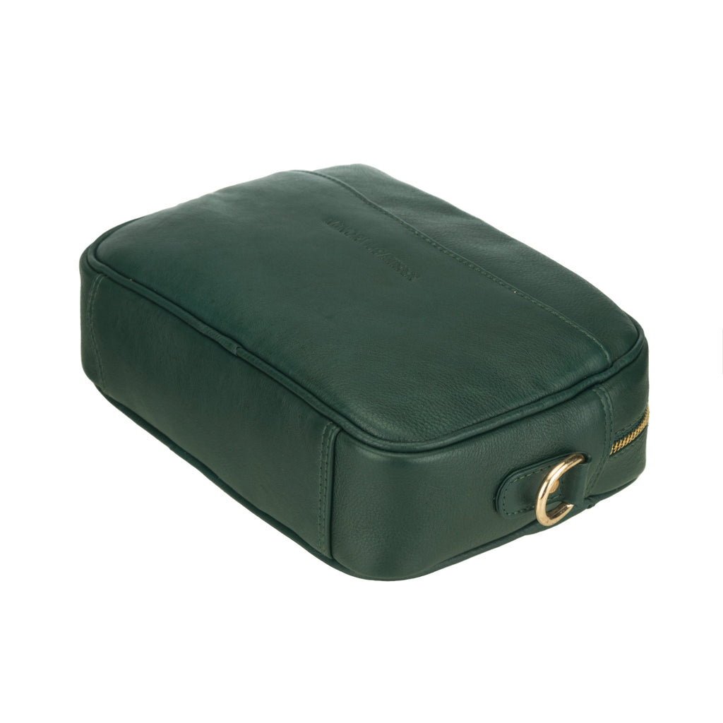 Forest green Evelyn Leather Crossbody Bag by Minori Leather, featuring a sleek design and adjustable strap for women.