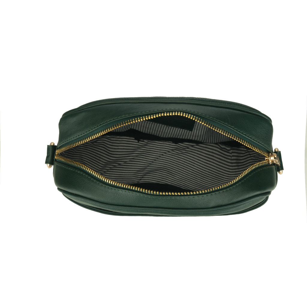 Forest green Evelyn leather crossbody bag for women by Minori Leather, showcasing a sleek, stylish design with a top handle and adjustable strap.