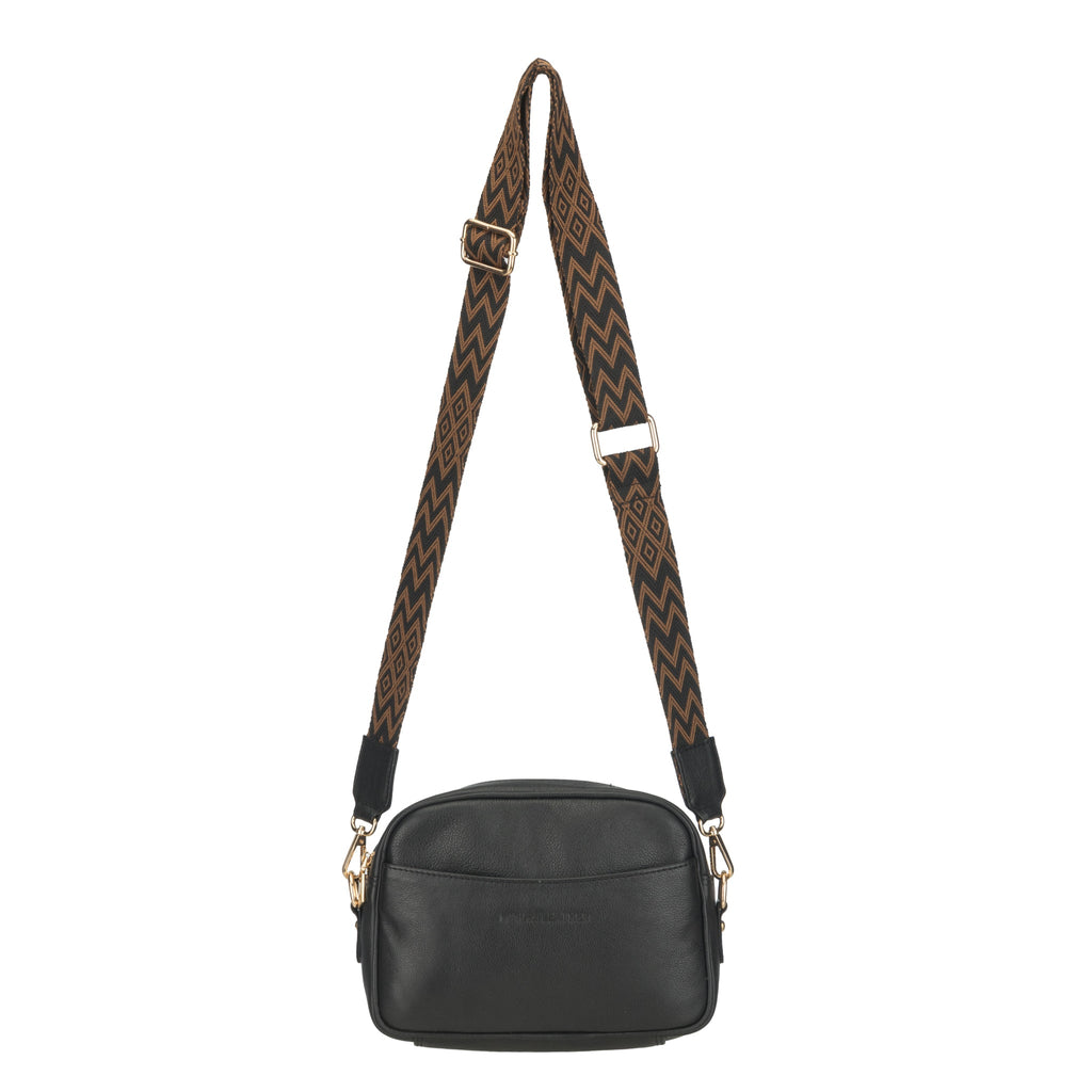 Black Evelyn Leather Crossbody Bag for women by Minori Leather, showcasing sleek design and adjustable strap.