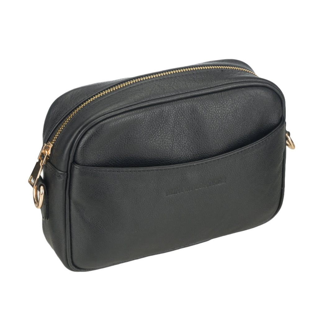 Black Evelyn leather crossbody bag for women by Minori Leather, showing sleek design and adjustable strap.