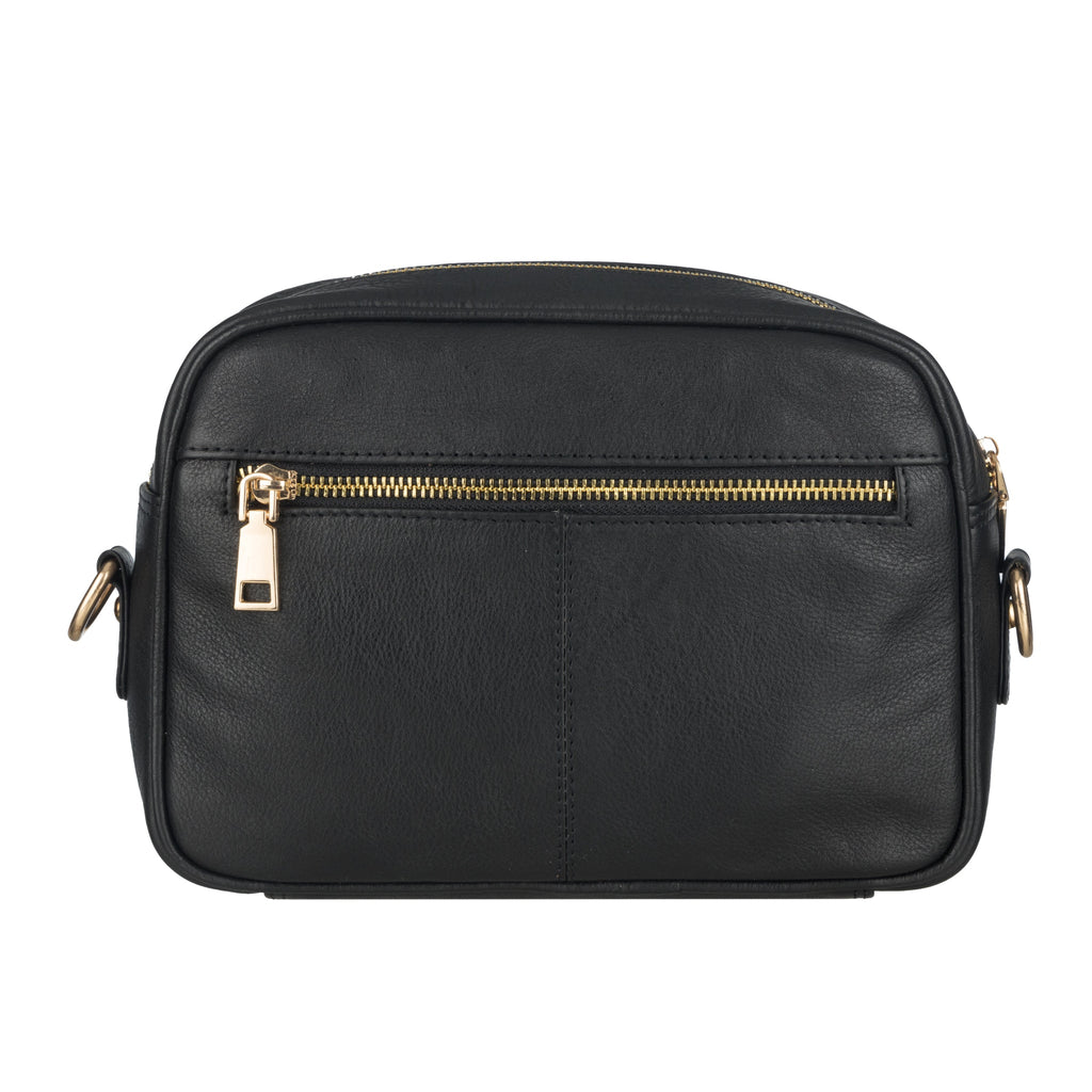 Black Evelyn leather crossbody bag for women by Minori Leather featuring a sleek design and adjustable strap.