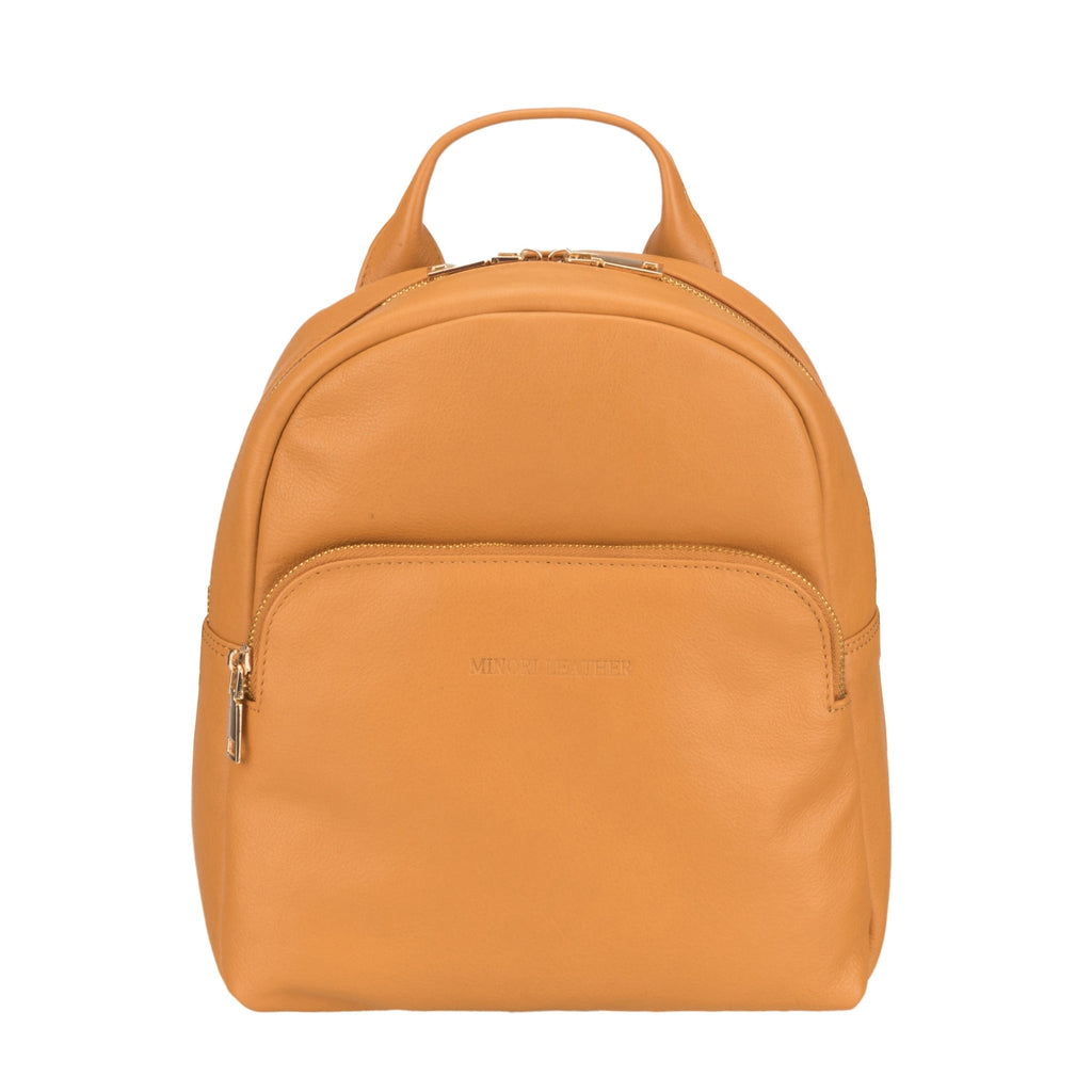 Tan Madison Leather Backpack for women by Minori Leather, featuring a stylish leather design and adjustable straps.