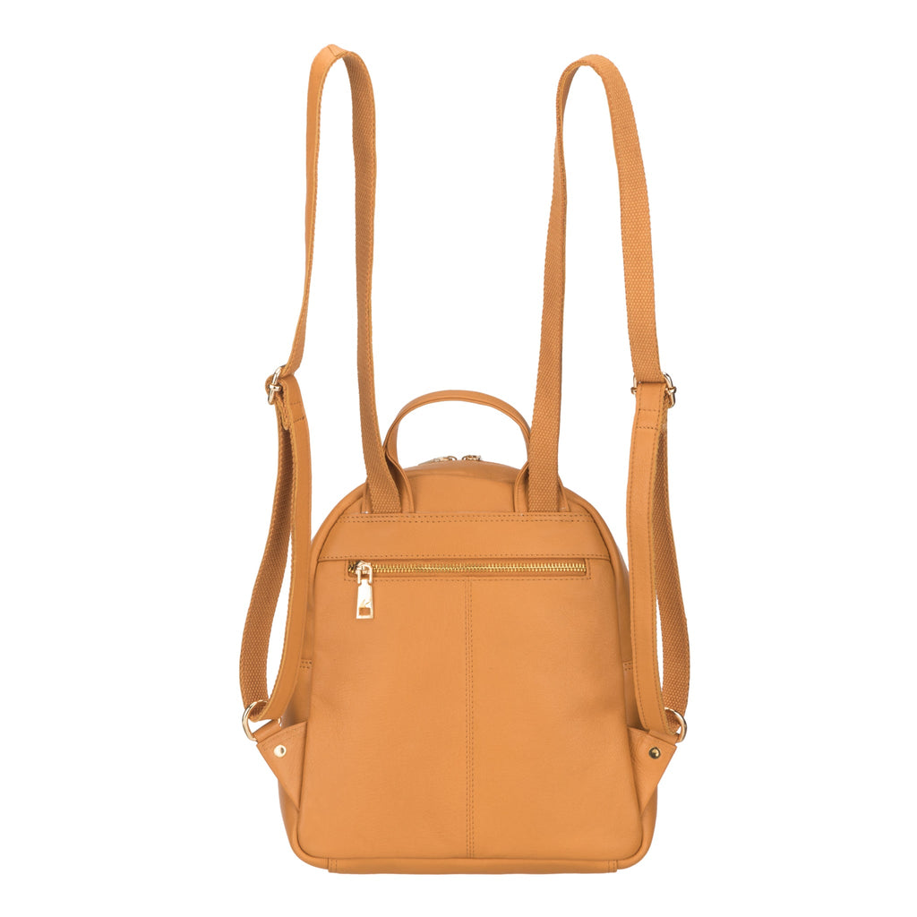 Tan Madison leather backpack for women by Minori Leather, showcasing sleek design and adjustable straps.