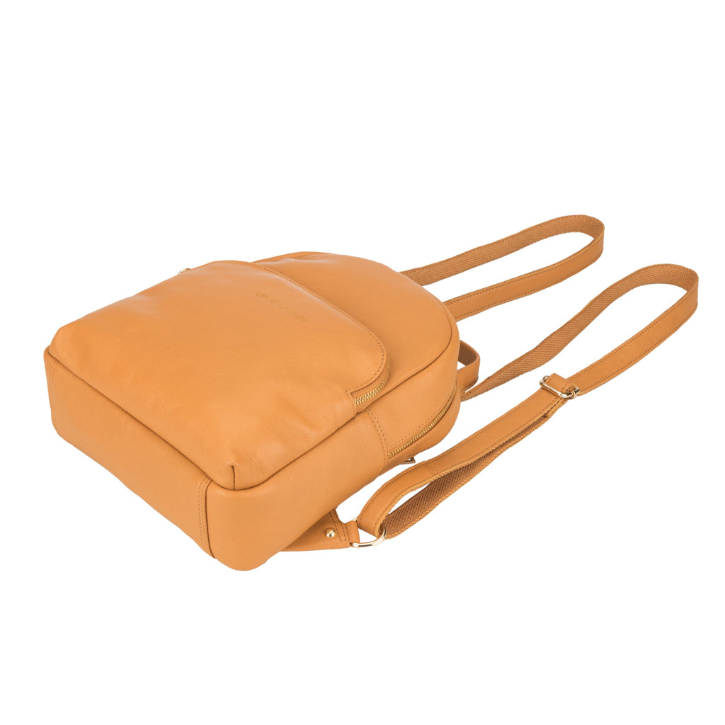 Tan Madison Leather Backpack for women by Minori Leather, showing the stylish leather shoulder bag with top handle and adjustable straps.