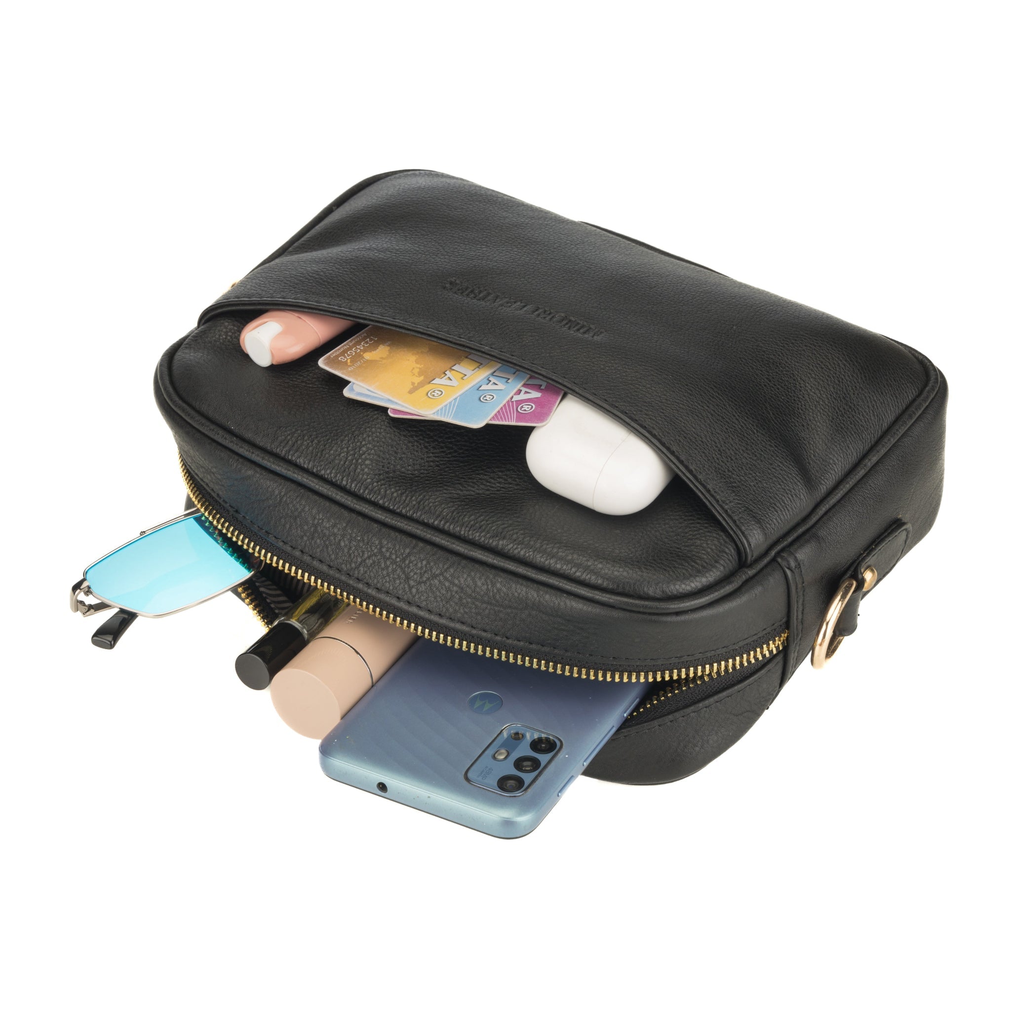 Black Evelyn leather crossbody bag for women by Minori Leather, showing the sleek design and adjustable strap.