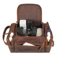 Minori Leather Winston men's premium chestnut leather toiletry bag with zipper and compact design for travel accessories.