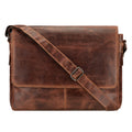 Minori Leather Richmond full grain leather laptop messenger bag for men, 16-inch work bag in chestnut with adjustable strap and front pocket.